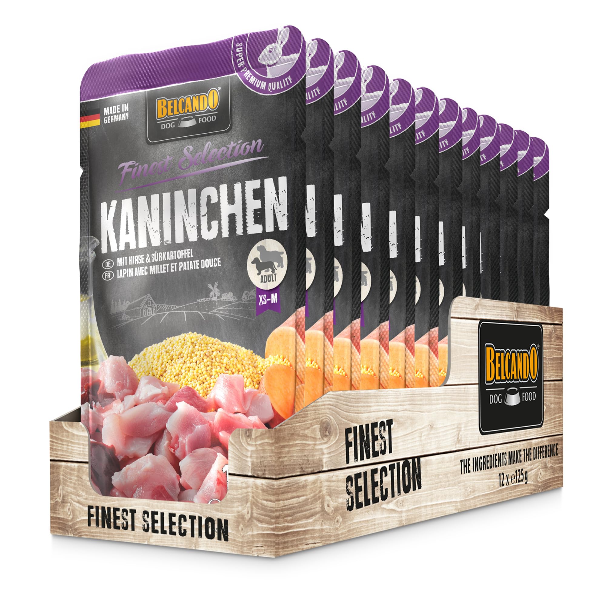 BELCANDO Frischebeutel [12x125g Kaninchen mit Hirse & Süßkartoffel] | Nassfutter für Hunde | Feuchtfutter Alleinfutter im Einzelportionsbeutel