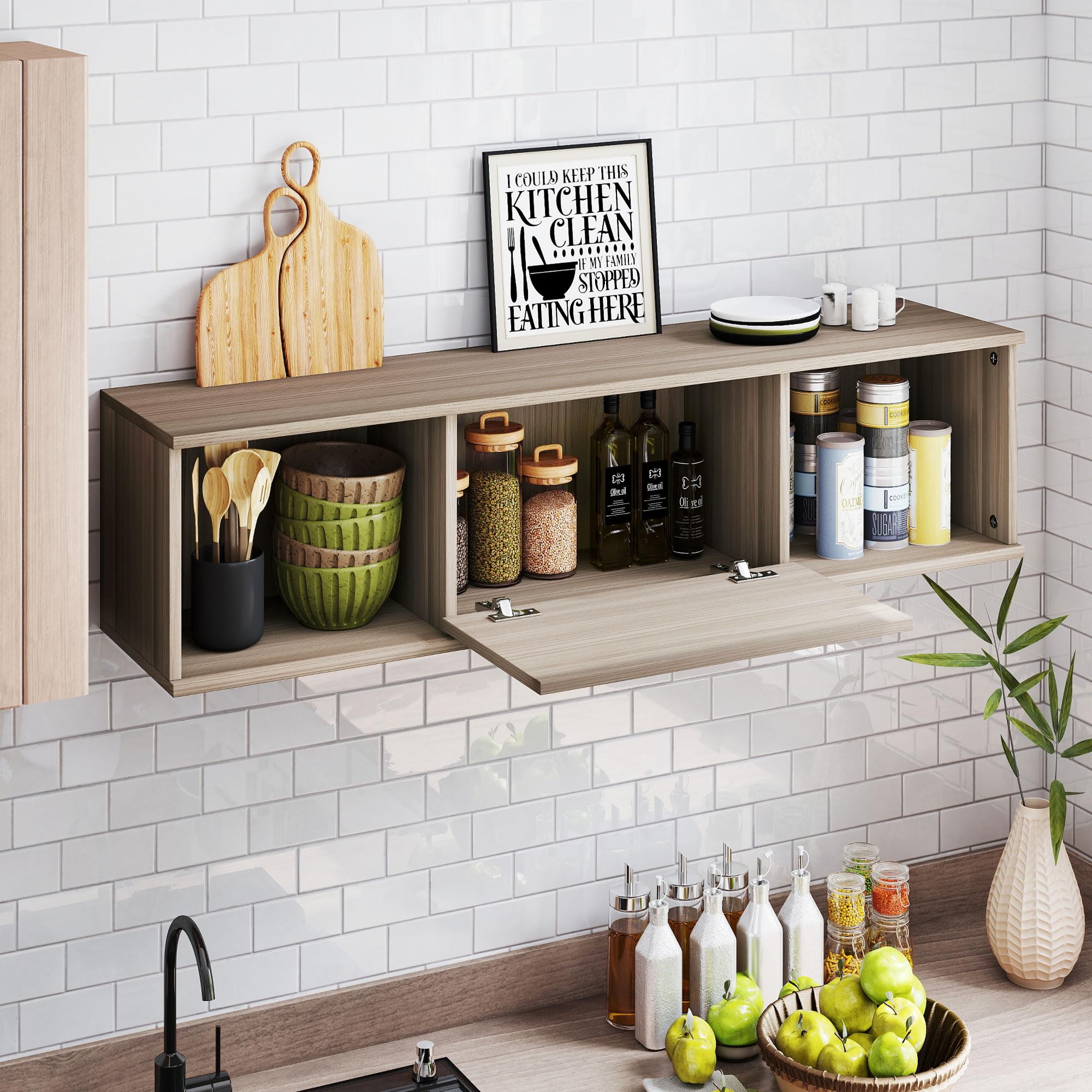 HOMCOM Mobile per TV sospeso 120 cm, armadio da parete, mobile pensile, stile moderno, con 2 scomparti aperti e porta pieghevole, colore: marrone