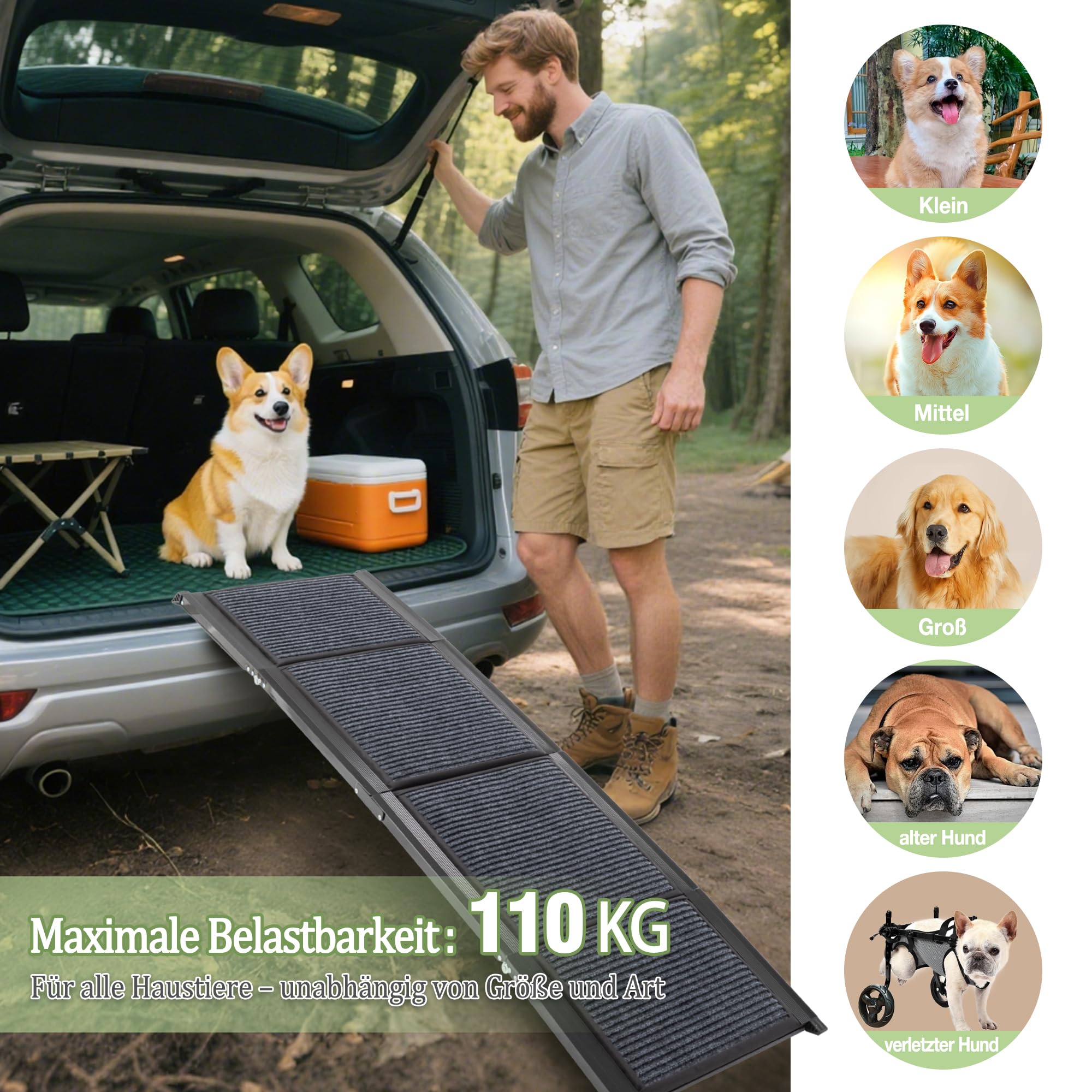 Thanaddo Hunderampe Auto Klappbar, Extra Lange Hunderampe mit Rutschfester Teppich für Große Hunde bis 110 KG, Innenbereich verfügbar, Hundetreppe Outdoor für Autos SUV, LKW