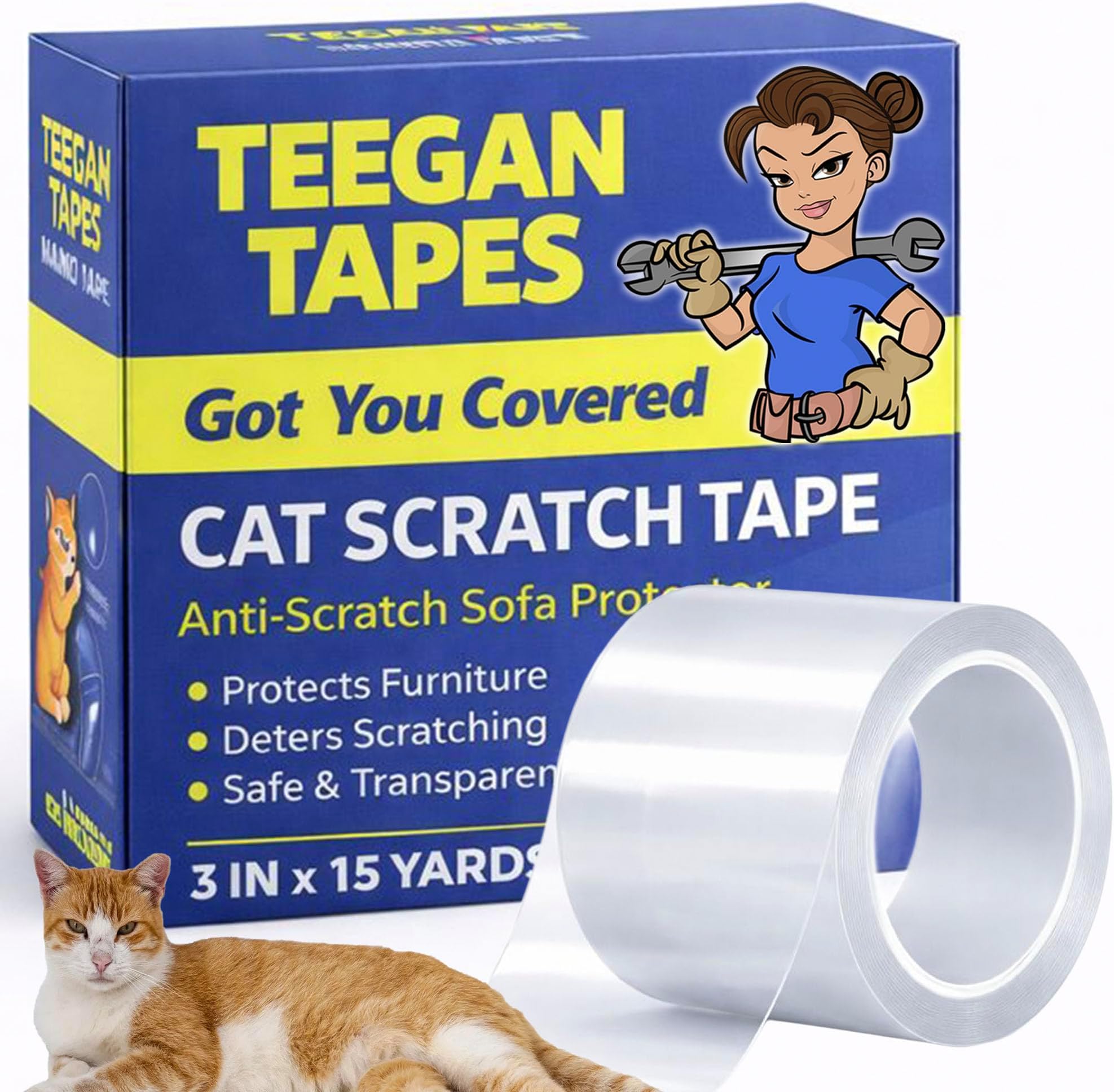 Double Sided Sticky Cat Scratch Tape | Couch & Furniture Protector from Cats | Anti Cat Scratch Tape for Carpet & Upholstery | 3 Inch x 15 Yards | by Teegan Tapes