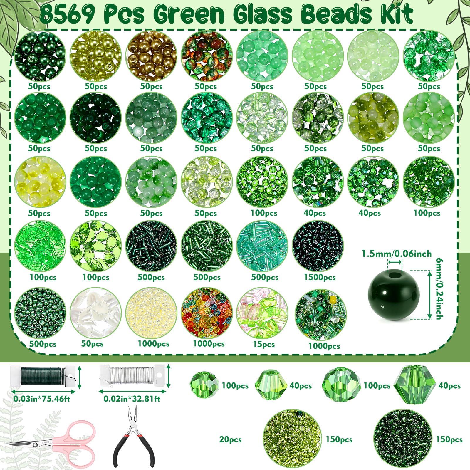 XunYee 8569-teiliges Perlen-Pflanzen-Set, grüne Glasperlen für die Pflanzenherstellung, grüne Perlen, Perlen, Natur-Kristallglas-Blattperlen für Schmuckherstellung, Bastelset, Pflanzenliebhaber