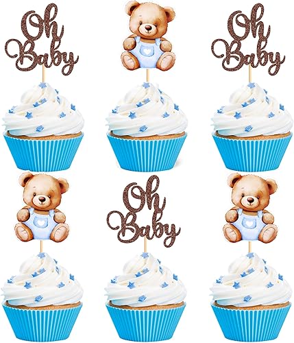Miniatura 1 de Ercadio Paquete de 24 adornos para cupcakes Bear Oh Baby Bear Oh Baby para cupcakes de oso azul para decoración de pasteles con temática de oso para