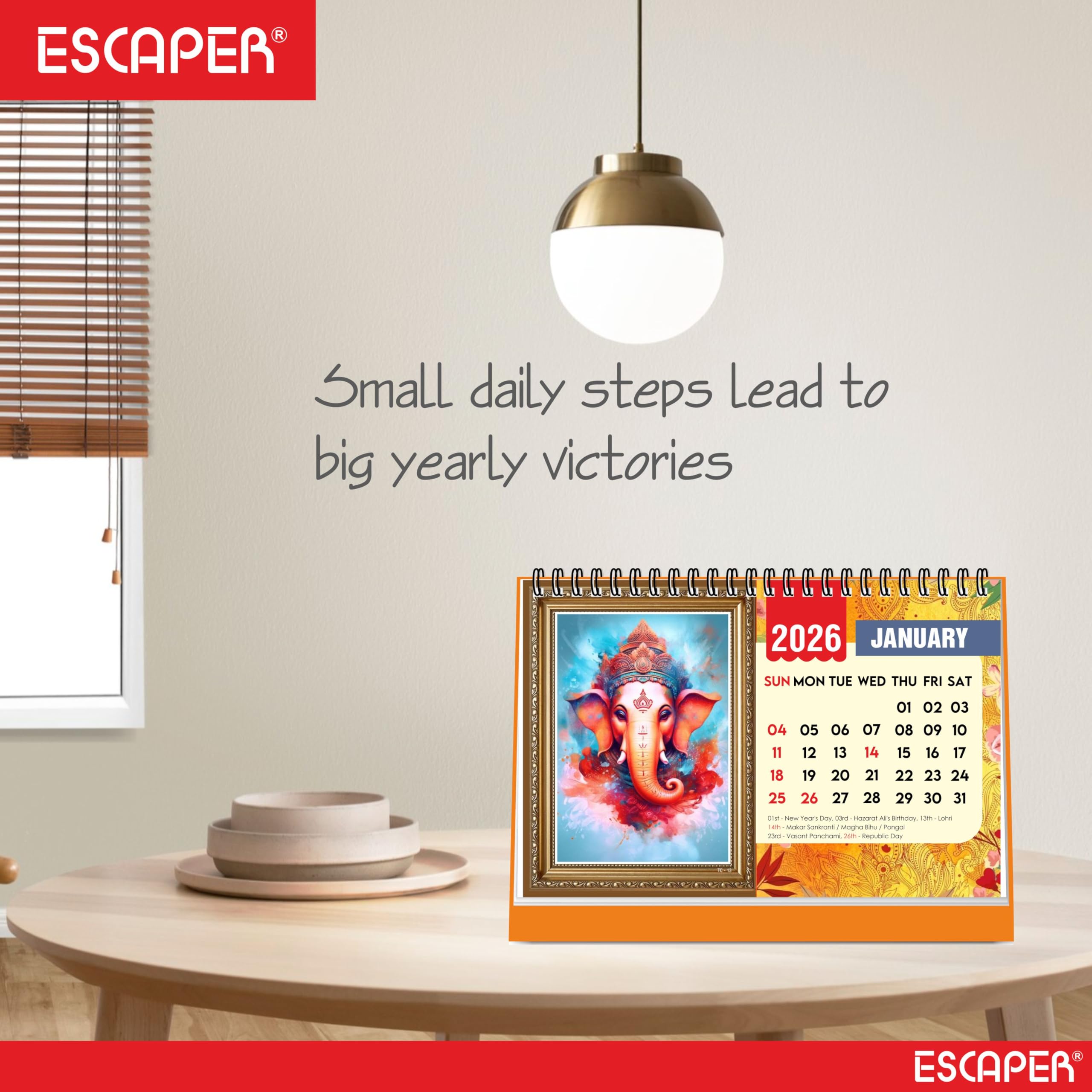 ESCAPER Lord Ganesha Stehender Flip-Desktop-Kalender 2024, 12 Monatsseiten mit dickem Papier, Doppeldrahtbindung, Tischkalender 2024 (A5, 21,6 x 14,0 cm)