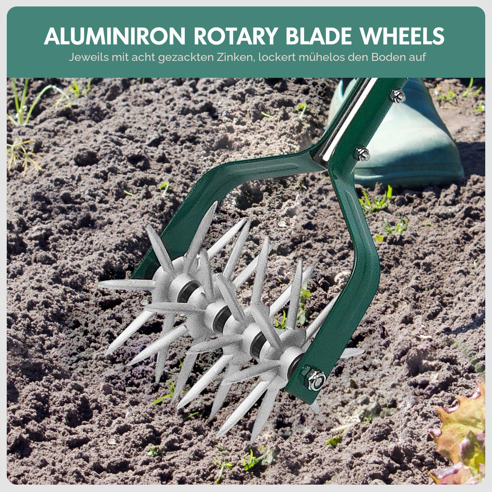 Yeelor Rotary Grubber Pinne Einstellbarer S/S Griff Rotary Pinne mit abnehmbaren massiven Metallzinken Gartenkultivator Rasenfräse und manuelle Pinne zum Lösen und Mischen von Erde