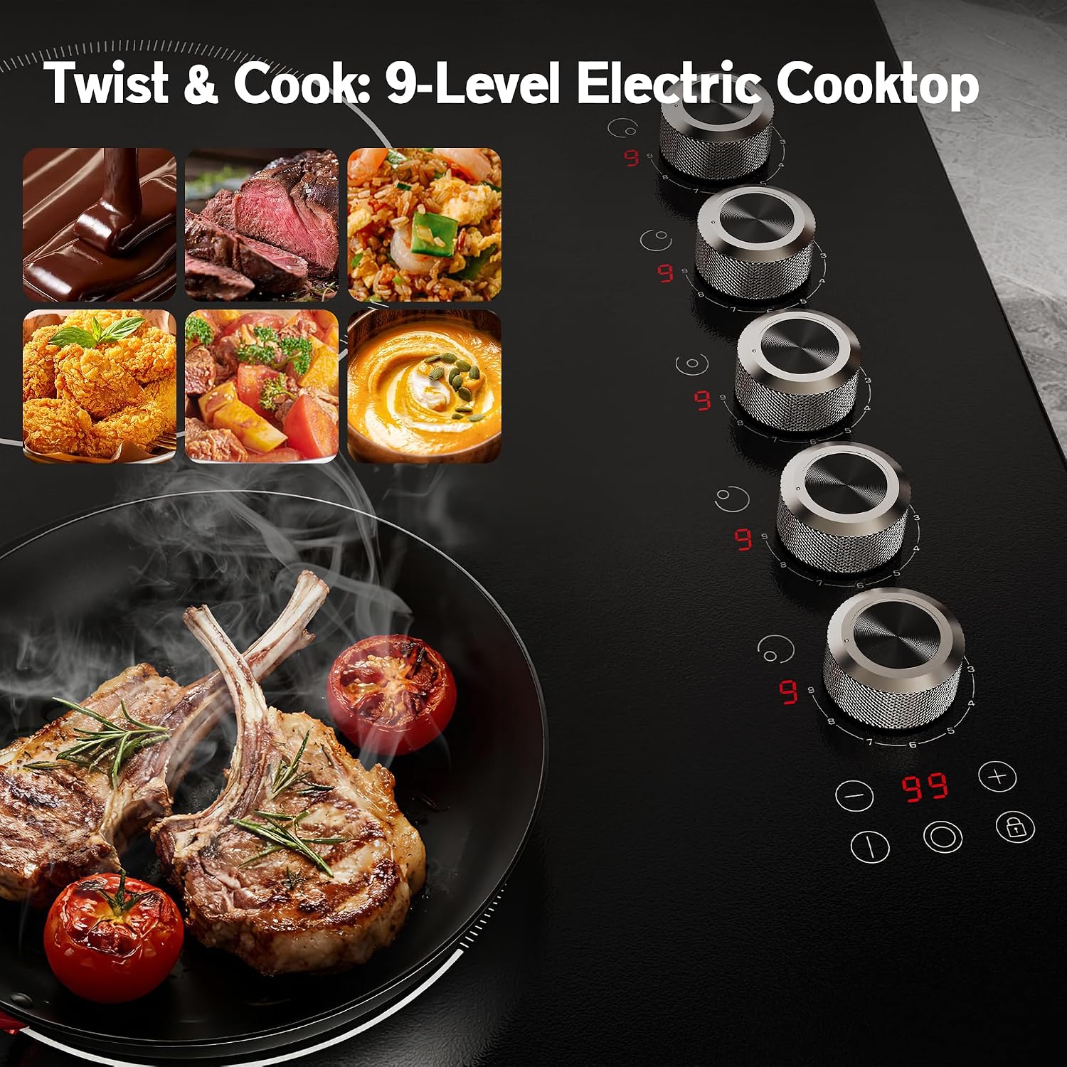 36 Inch Electric Cooktop, 5 burner 8900W,Double-ring Burner | Built-in Electric Stove Top, Cooktop 36" with Knob & Touch Control, 9 Power Levels, Timer, Safety Lock, 220V-240V Hard Wire