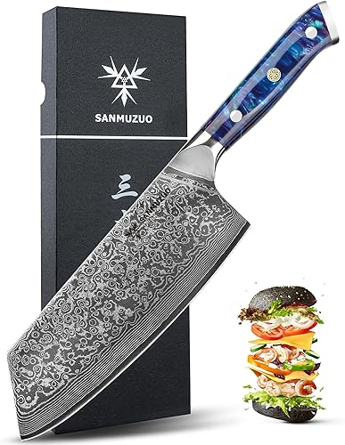 SANMUZUO Nakiri - Cuchillo de cuchilla de 7.5 pulgadas, serie Xuan, cuchillo de cocina de acero de Damasco VG10, mango de resina (azul zafiro)