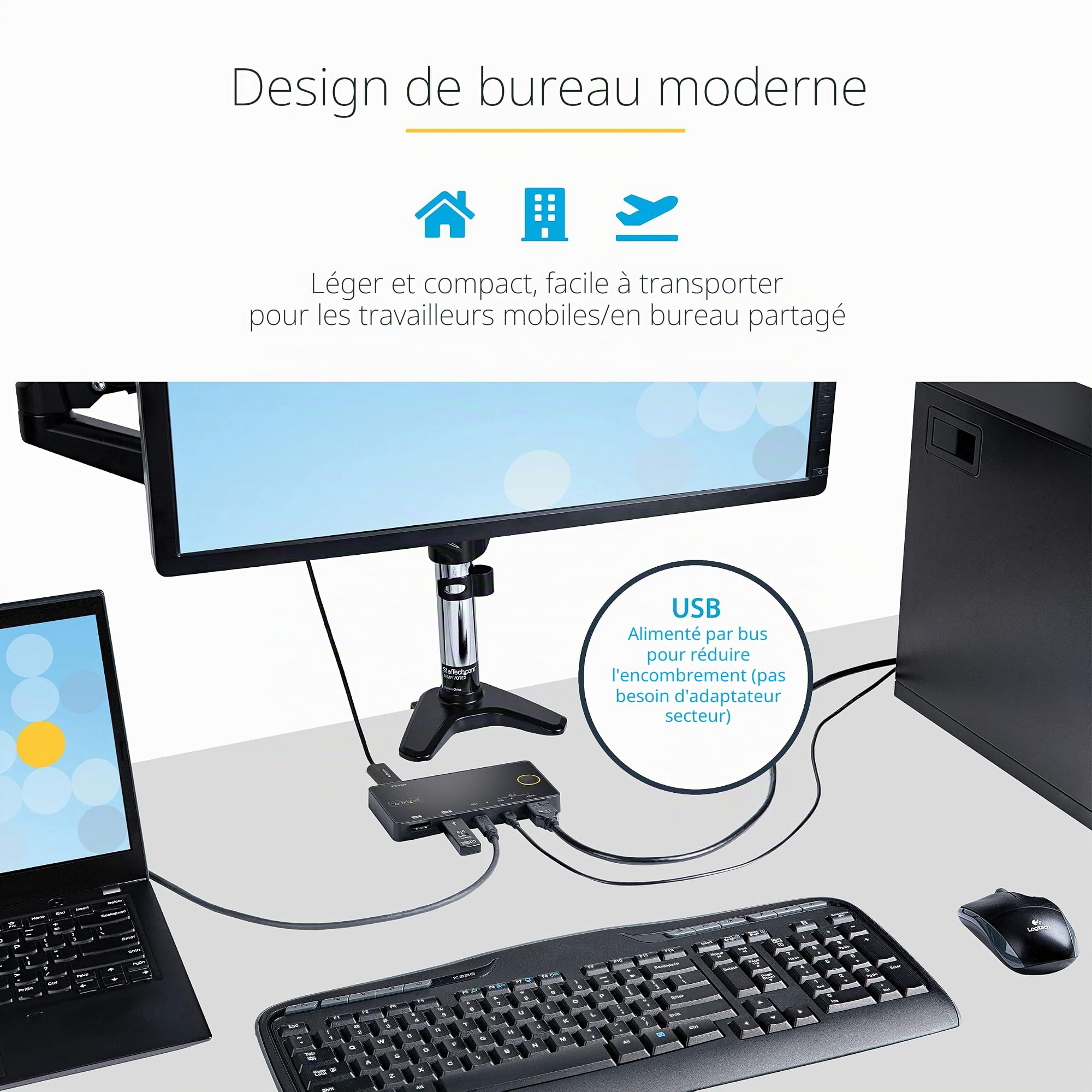 StarTech KVM Hybride USB-C et HDMI 2 Ports, 4K 60Hz, Compact, Alimenté Bus