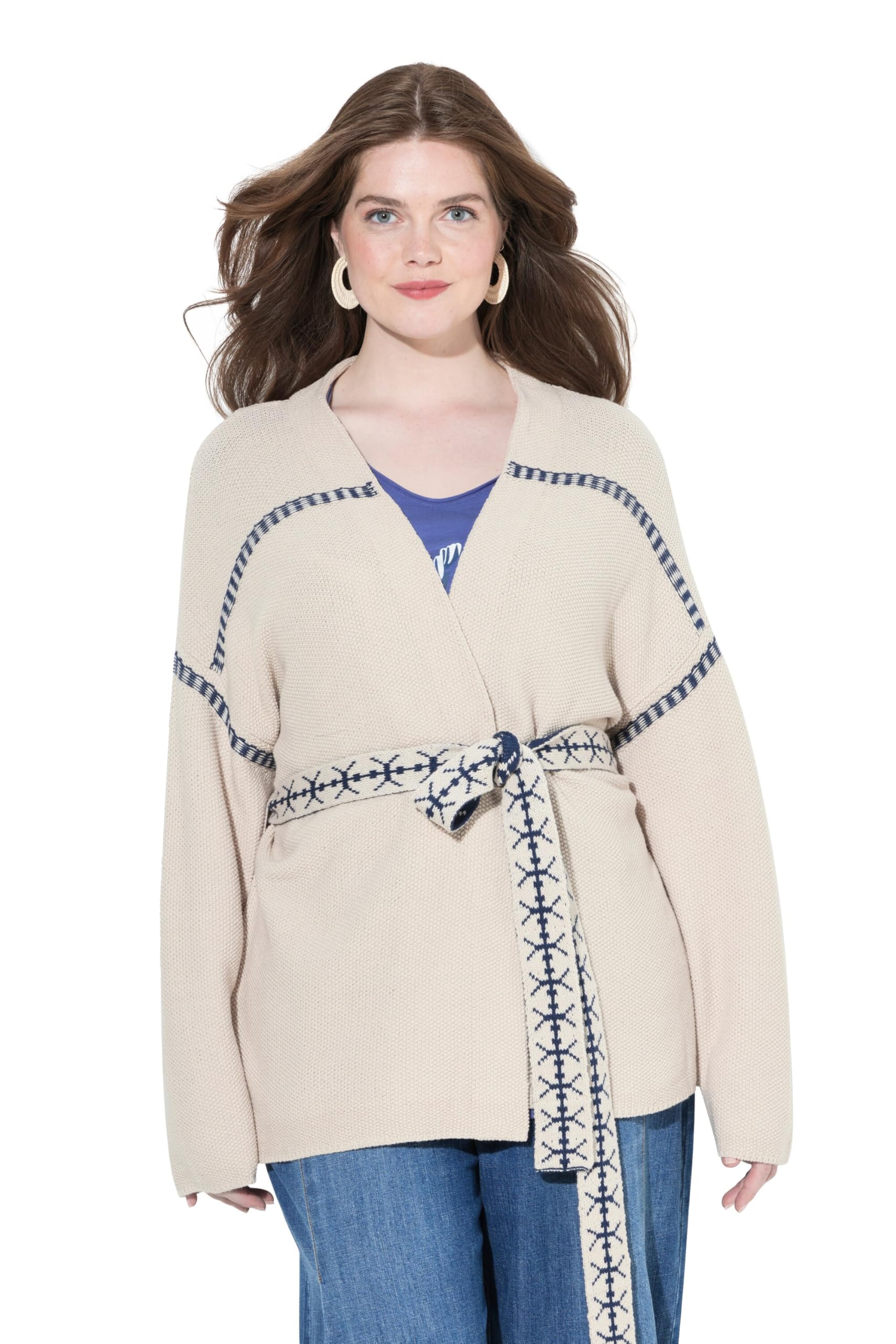 Ulla Popken Damen große Größen Übergrößen Plus Size Strickjacke, Zierstreifen, Oversized, Bindegürtel, Langarm 835141