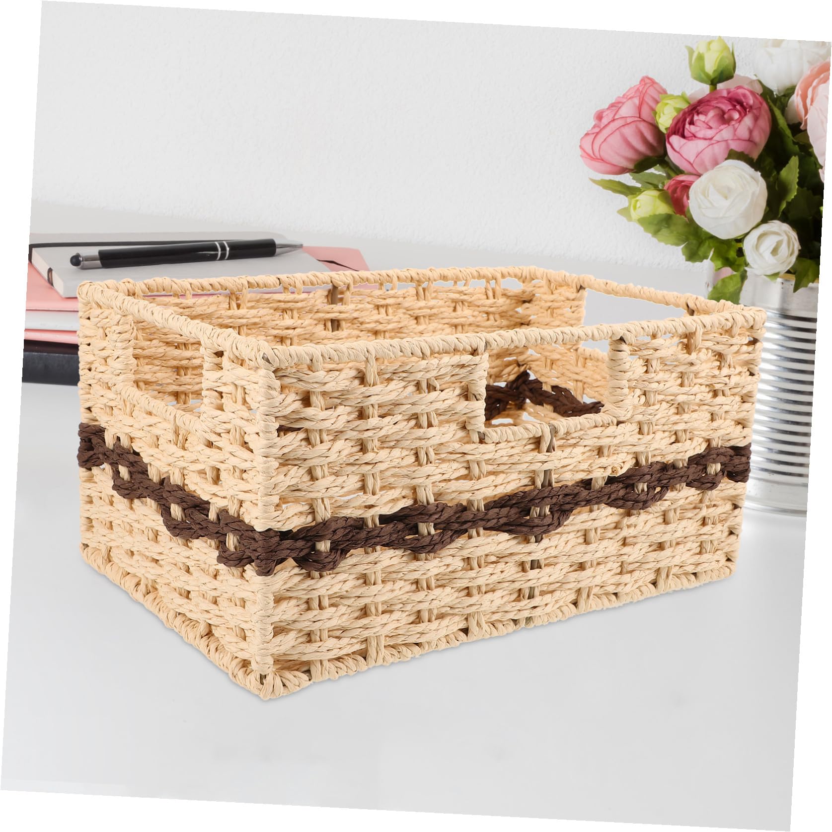 Veemoon Cesta Tejida Pequeña Multiusos De Material Natural Color Caqui Sin Tapa Organizador Para Baño y Escritorio Almacenamiento Práctico Casa