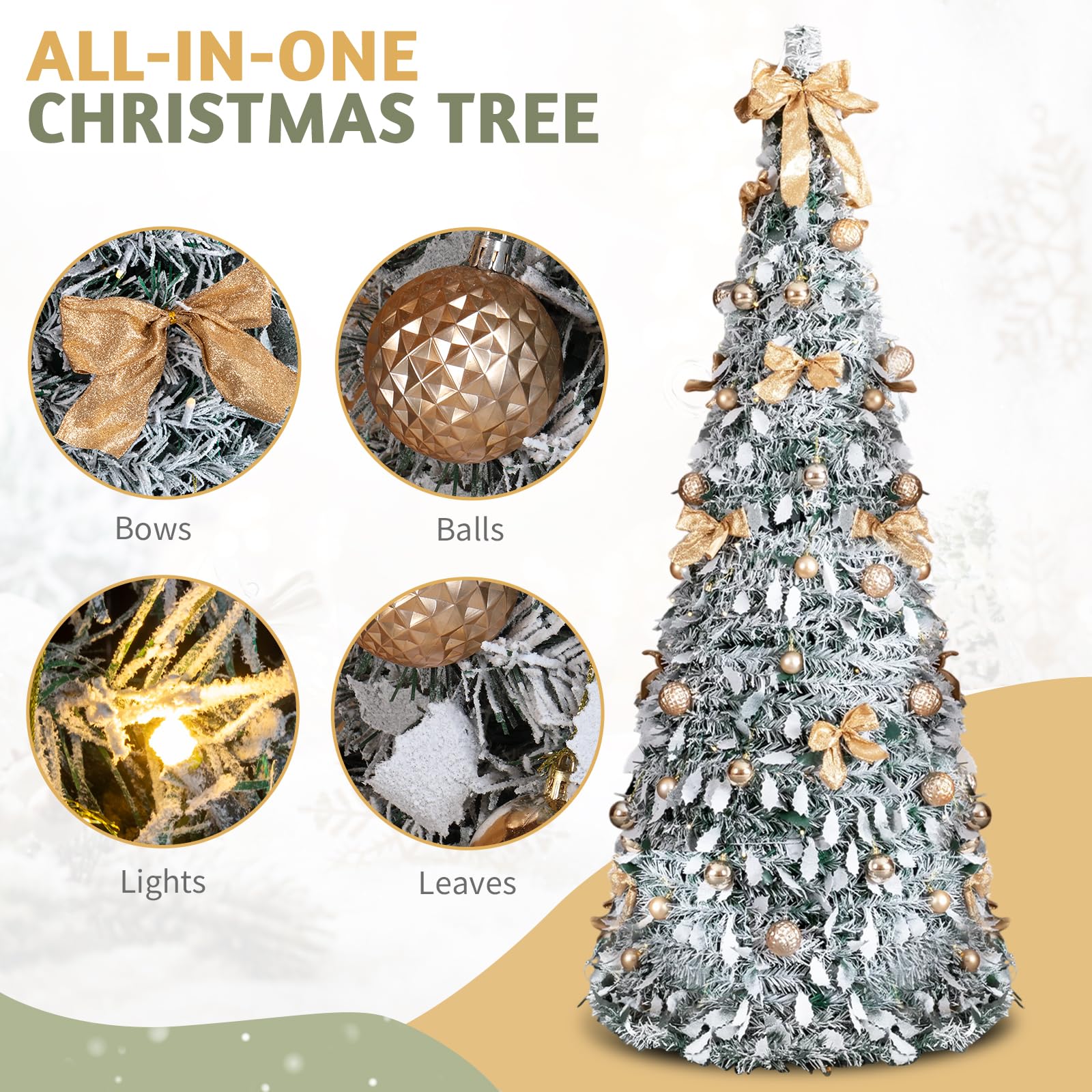 Karl home Sapin de Noël artificiel floqué de neige de 1,8 m avec 100 lumières chaudes et ornements dorés pour maison, bureau, magasin, décoration de vacances, vert neige