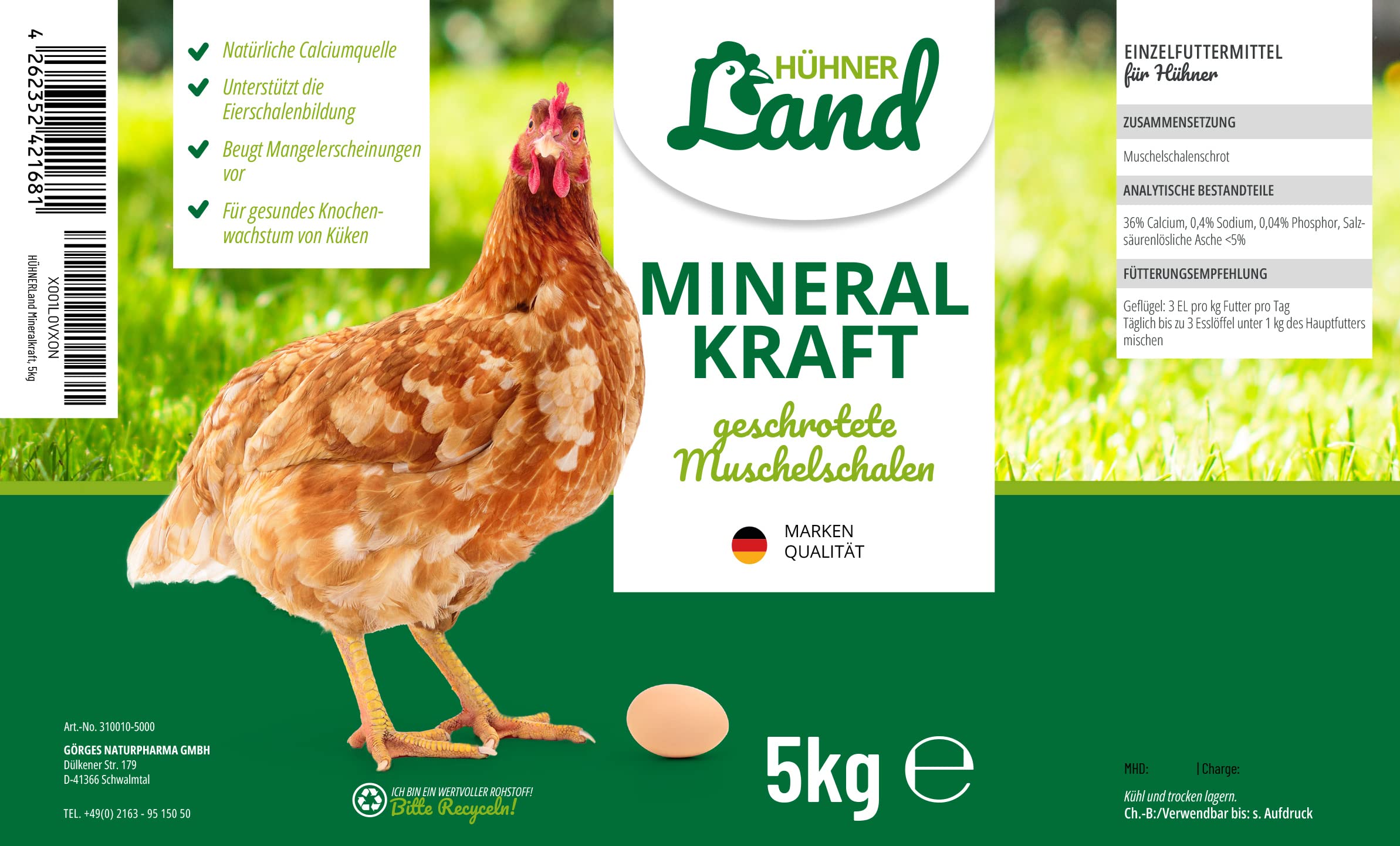 HÜHNER Land Forza minerale per polli 5 kg, rosso di conchiglie naturale, grit di conchiglia – Ricco di calcio, grit minerale per ossa e uova, grit per polli in calce di conchiglia