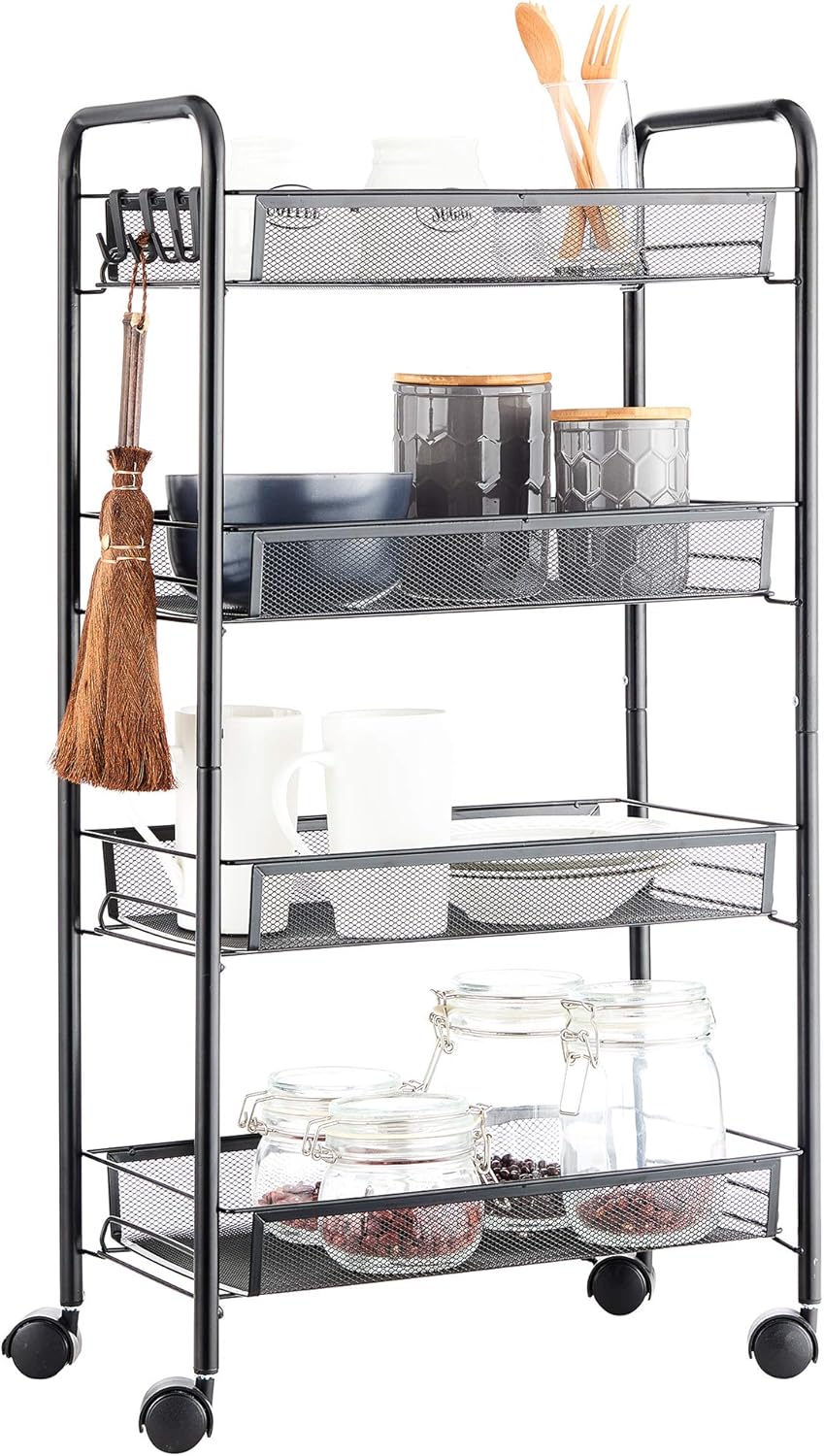 JANE EYRE Rolling Utility Storage Rack Cart on Wheels, Trolley Carft cart, Multi-Purpose Organizer Shelf (Black, 4 Tier)…