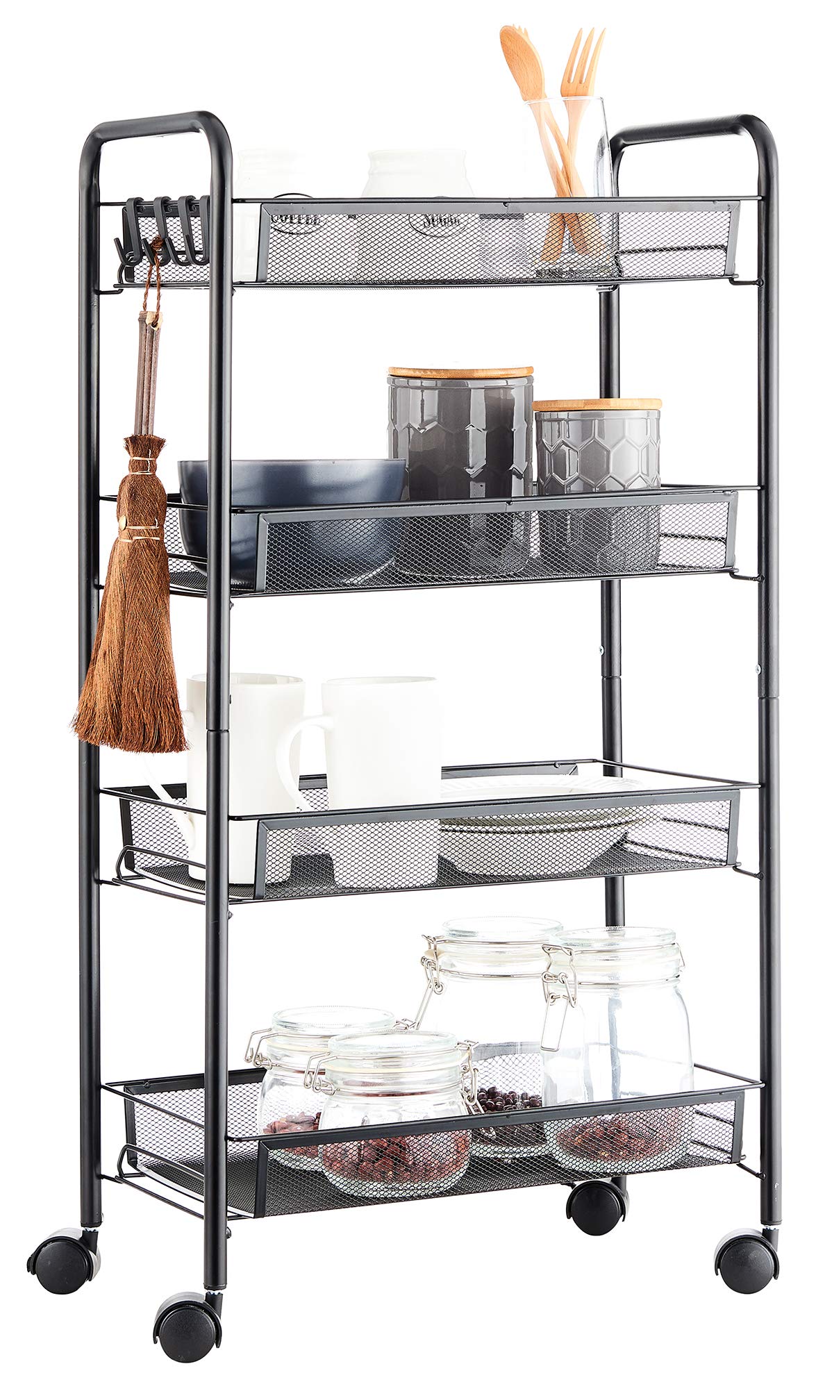 VR7 4 Tier Rolling Utility Storage Trolley Cart on Wheels Craft Toy Bedroom Kitchen Storage & Organisation Hostess Nappy Metal Trolley Laundry Bathroom Storage Unit Rack Organizer Shelve Easy Assemble