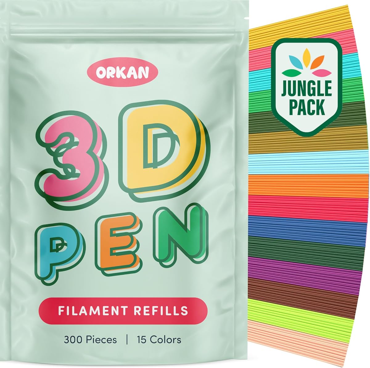 300 x ORKAN 3D Pen Filament Refills | Only Compatible with The 3Doodler Start+ | 15 Jungle Colors | 6" x 2.5mm PCL Eco-Filament Strands | Safe for Kids | Only for 3Doodler Start+ 3D Pen