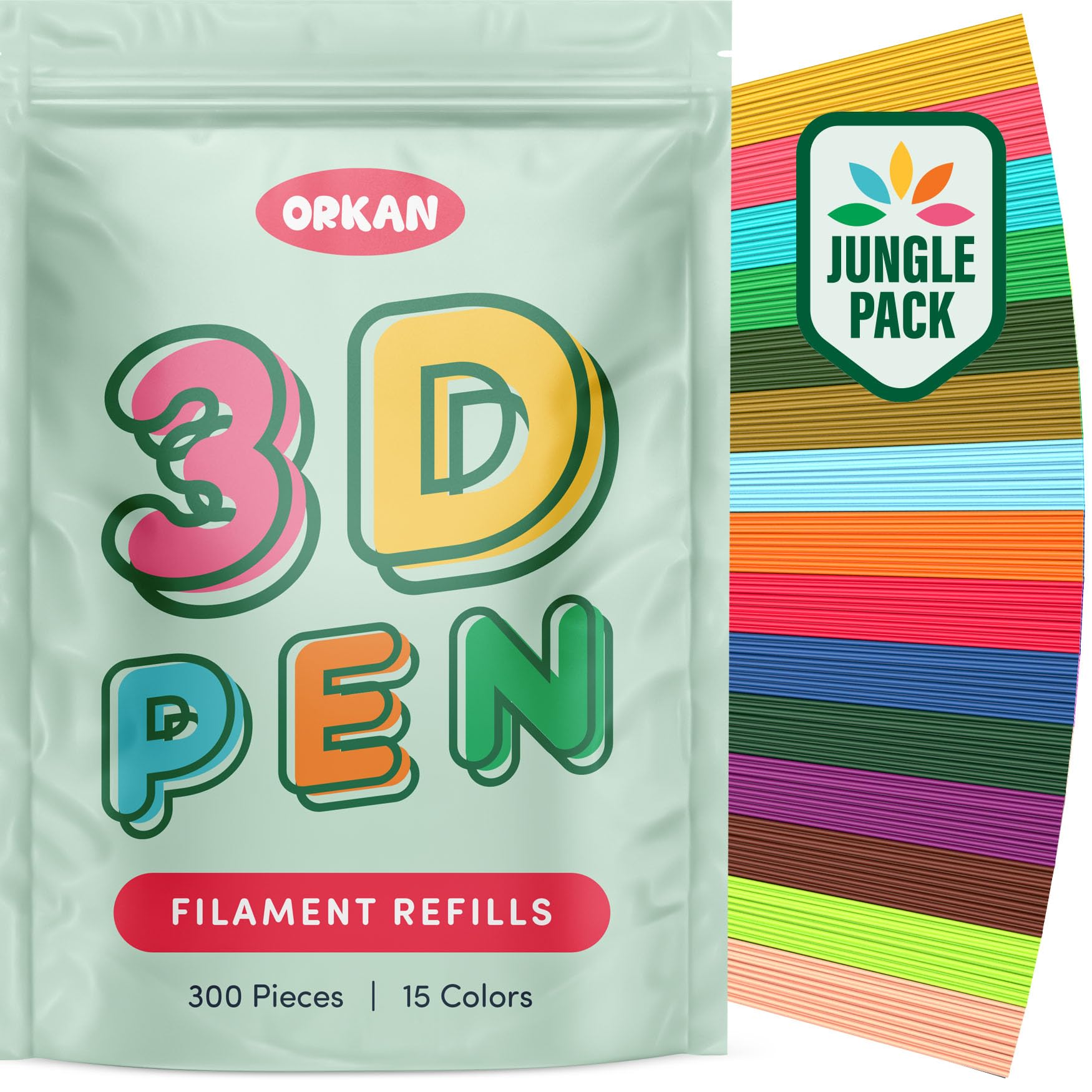 300 x ORKAN 3D Pen Filament Refills | Only Compatible with The 3Doodler Start+ | 15 Jungle Colors | 6" x 2.5mm PCL Eco-Filament Strands | Safe for