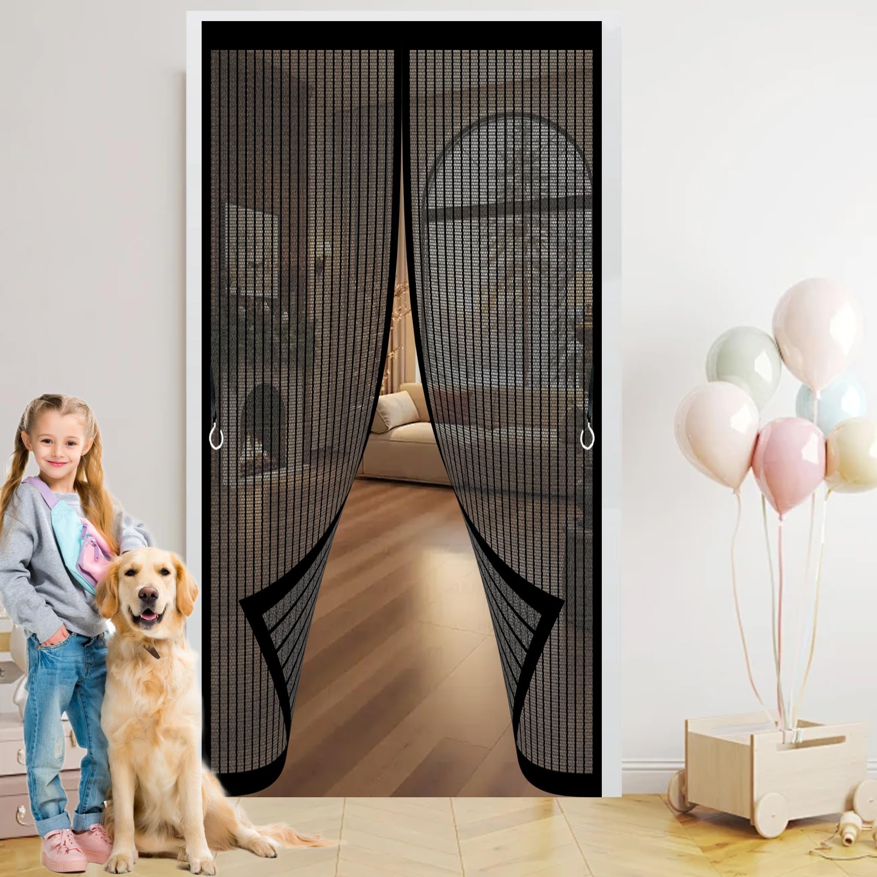 Xueqxue Black Magnetic Door Curtains Fly Screen 90 X 115 Cm With Powerful Magnets & Full Frame Magic Tape No Gap, Lets Fresh Air In, Keep Bugs Out Insect Protection Door For Patio Doors Bedroom,