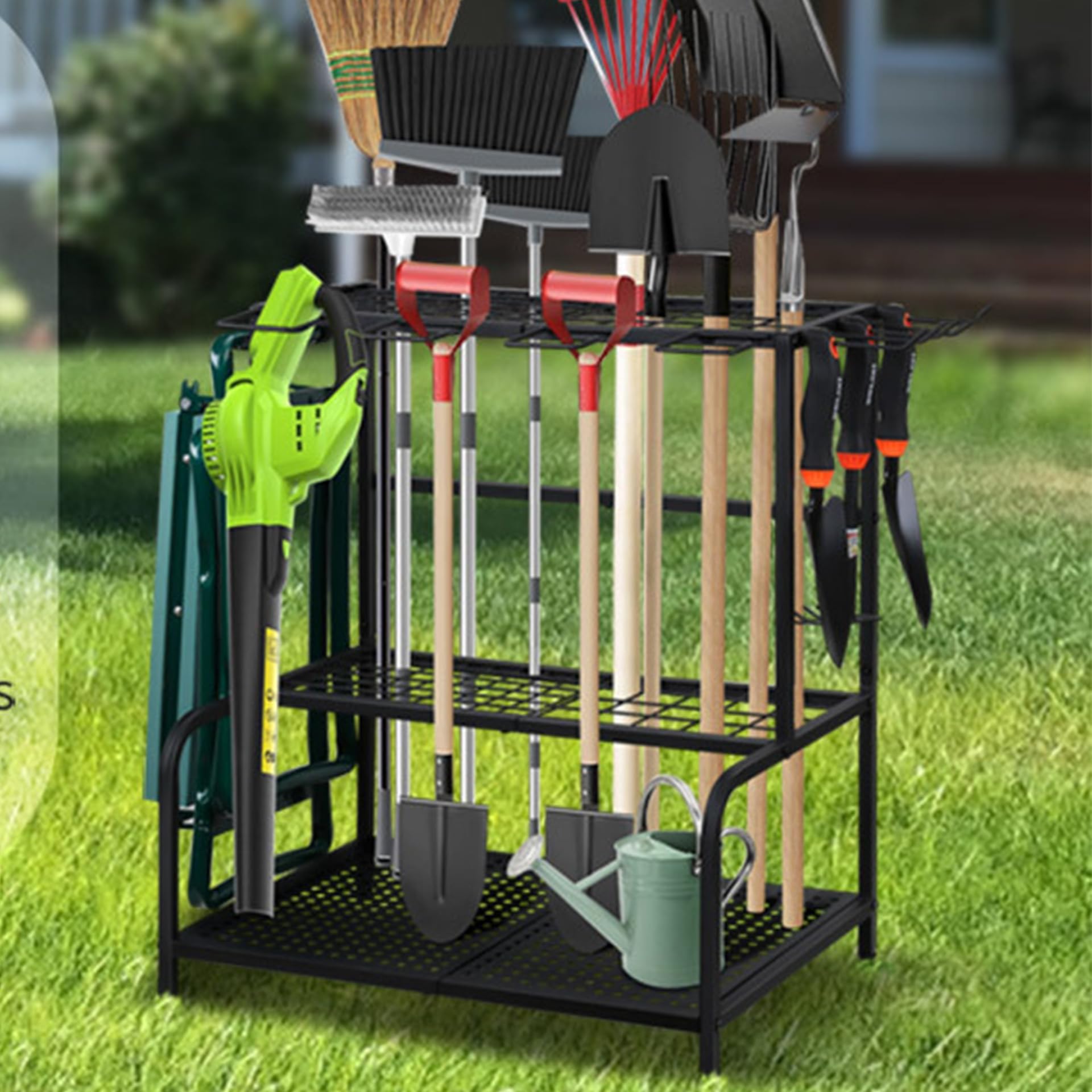 Organizador de herramientas de jardín con 74 ranuras, soporte de metal para herramientas con ganchos | Almacenamiento de garaje resistente para pared y cobertizo, ideal para dispositivos de mango largo, escobas, rastrillos