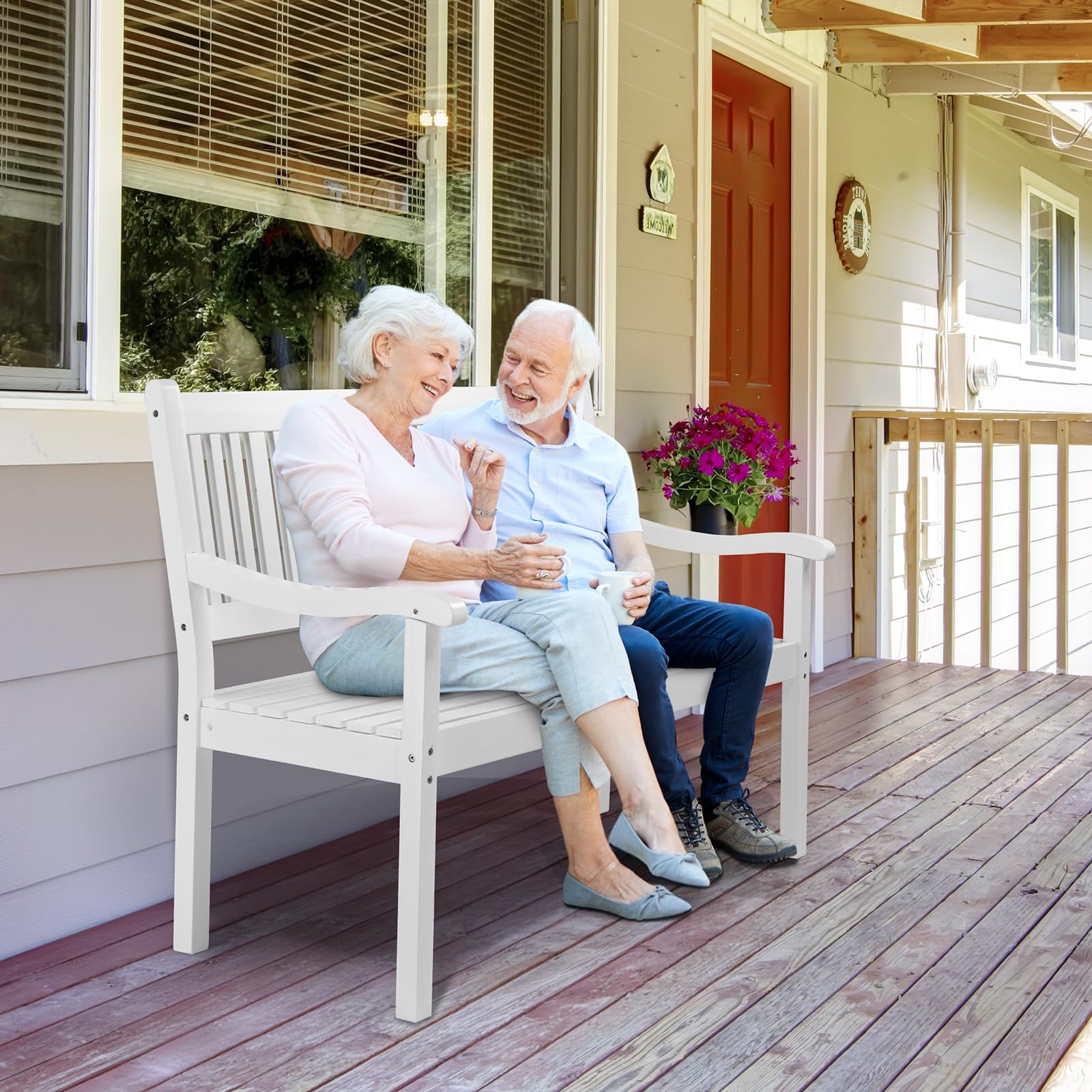 Bonnlo Banco de Jardín de Madera para 2-3 Personas, Wood Outdoor Bench 127 x 63 x 91 cm, Banco Exterior Resistente a la Intemperie, hasta 363 kg, para Patio Terraza Porche Parque (Blanco)