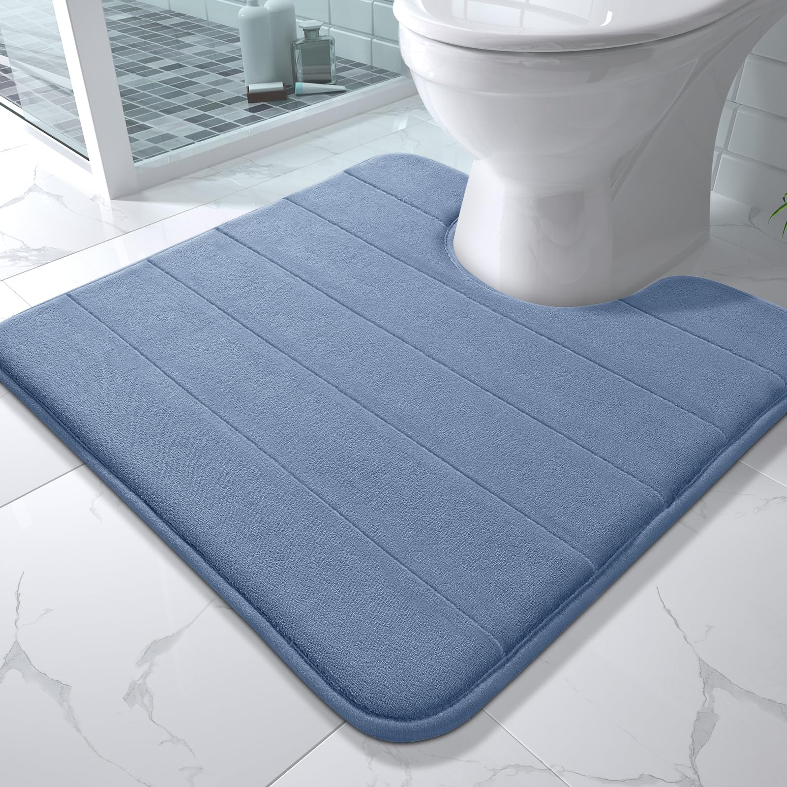 Photo 1 of Yimobra Memory Foam Toilet Bath Mat U-Shaped, Soft and Comfortable, Super Water Absorption, Non-Slip, Thick, Machine Wash and Easier to Dry for Bathroom Commode Contour Rug, 24 X 24 Inches, Denim Blue