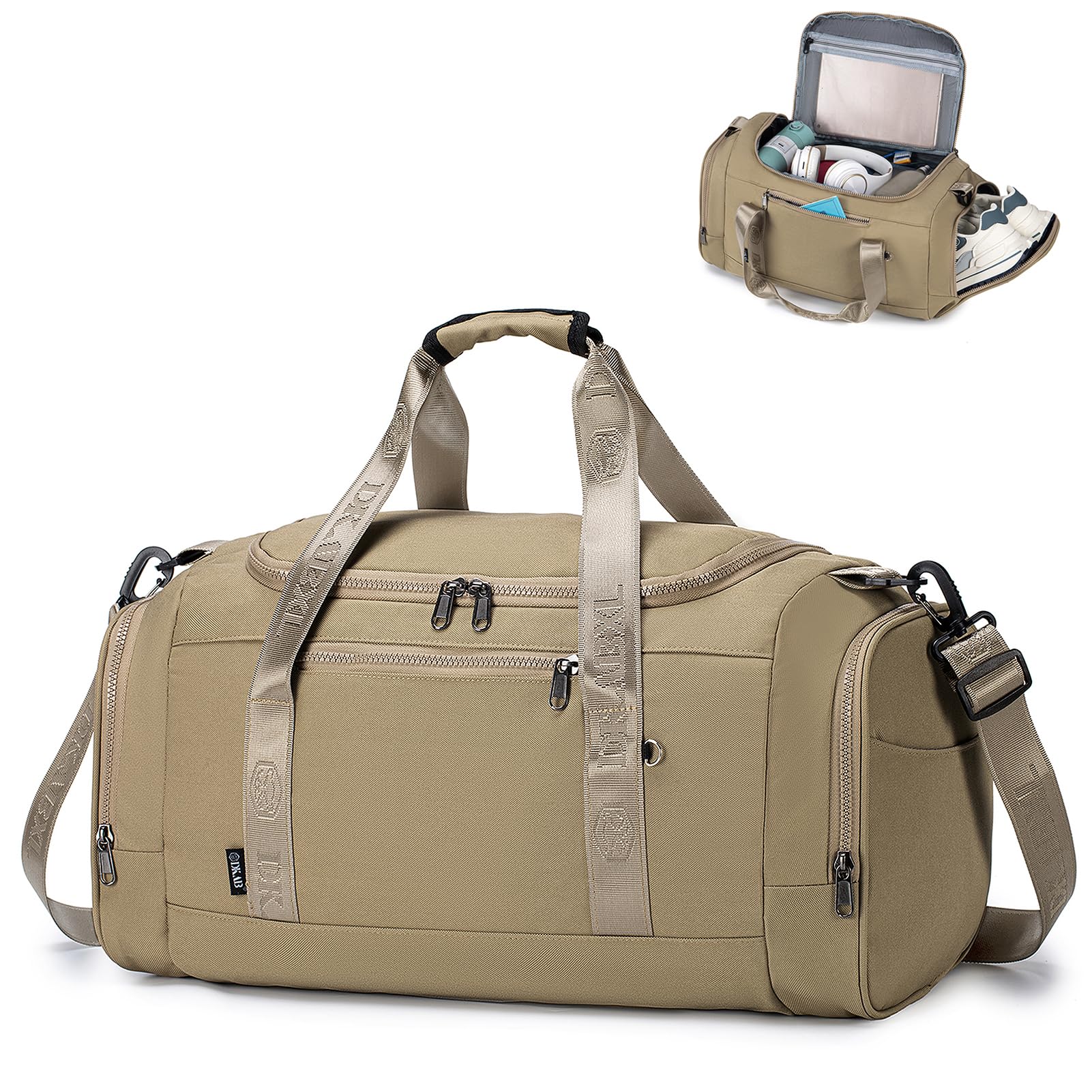 SPAHER Travel Sports Gym Duffle Bag with Shoes Compartment and Wet Pocket Waterproof Weekend Overnight Bag Women with Insulated Pocket Holdall Bag for Swimming Yoga Travel, Khaki