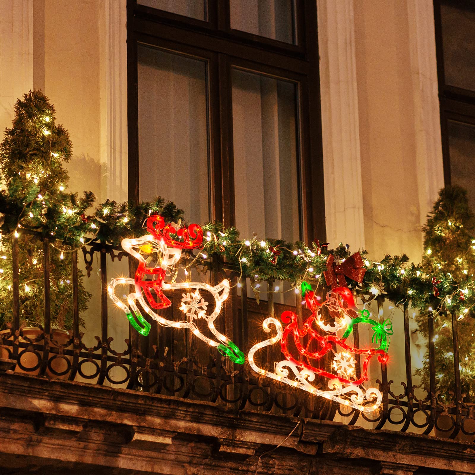 LAMPHOME Santa iluminada en trineo con renos, decoración de silueta de ventana de Navidad, decoración de ventana de Navidad, decoración de ventana para Navidad, fiesta, hogar, patio, césped, jardín
