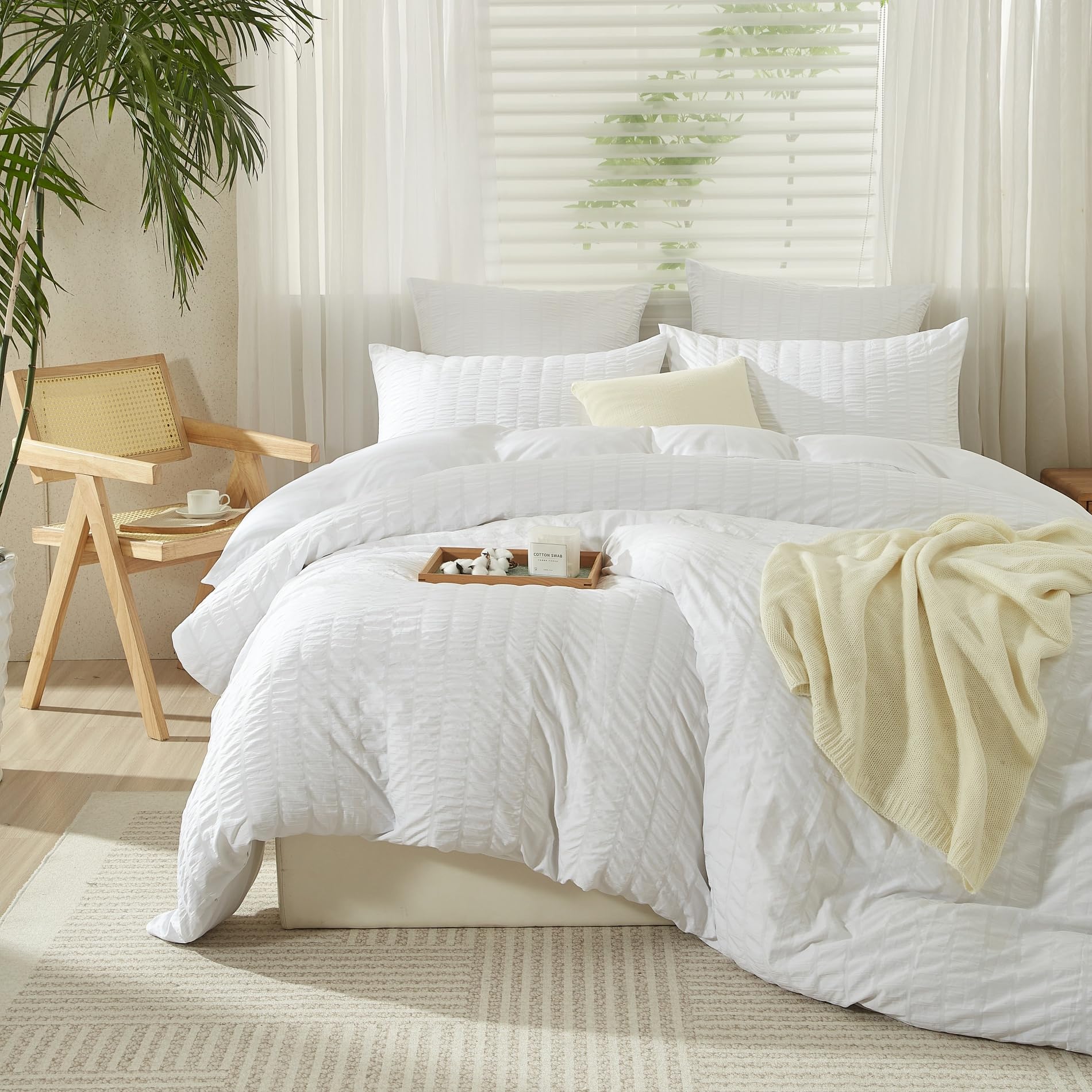 Seersucker - Ropa de cama de 220 x 240 cm, diseño a rayas, color blanco, 3 piezas, suave y transpirable, microfibra, funda nórdica con cremallera y 2 fundas de almohada de 80 x 80 cm