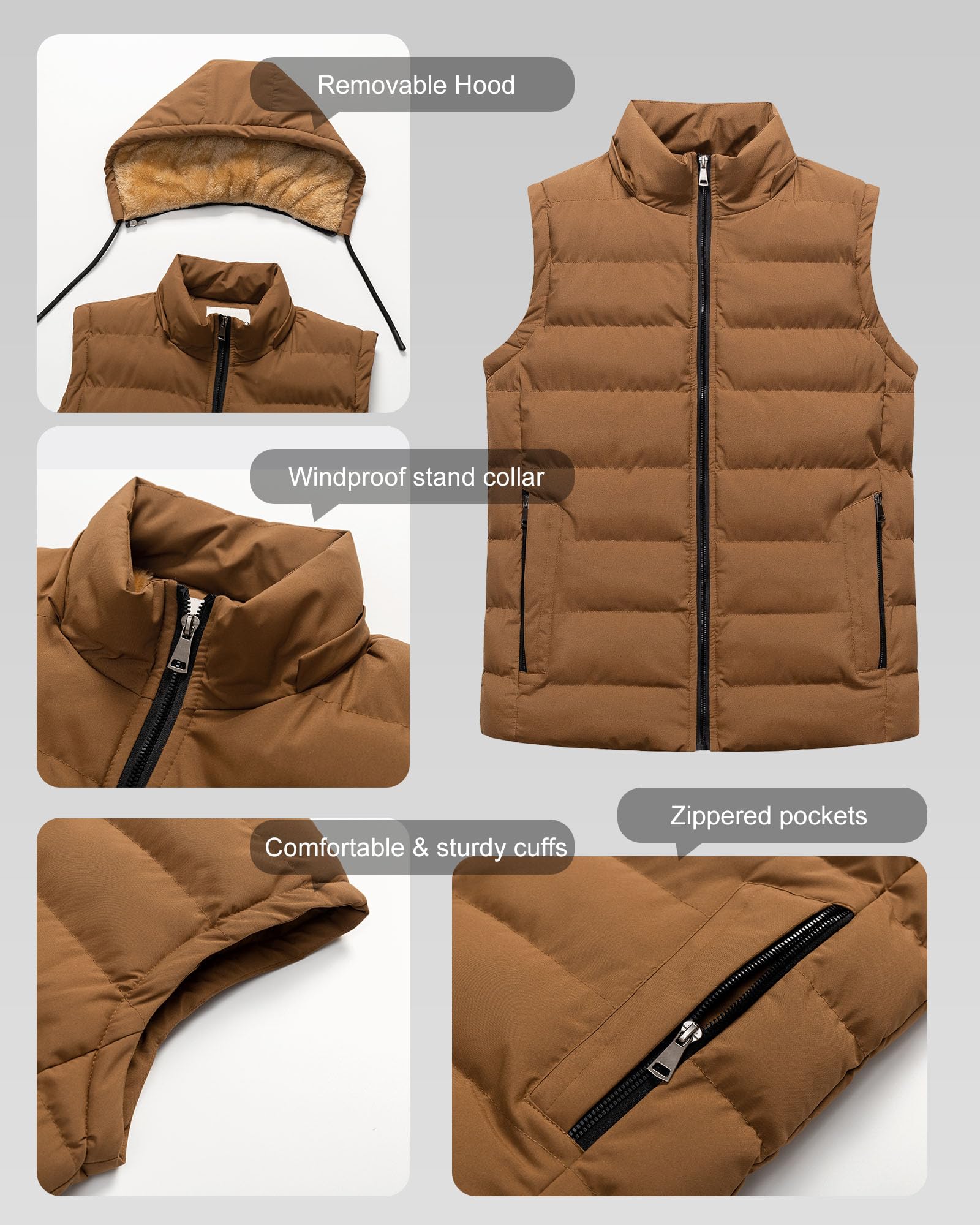 Chrisuno Gilet invernale da uomo, leggero, caldo, senza maniche, foderato in pile, trapuntato, con cappuccio rimovibile
