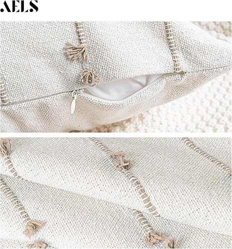 Miniatura 4 de AELS Juego de 2 fundas de almohada decorativas de lino bohemio de 20 x 20 pulgadas, fundas de almohada modernas con textura de granja, funda de