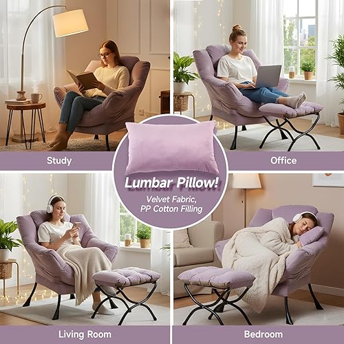 Miniatura 5 de Silla perezosa con otomana, silla de acento moderna con cojín lumbar, sillas cómodas con reposapiés plegable para recámara, lectura, sillas de ocio