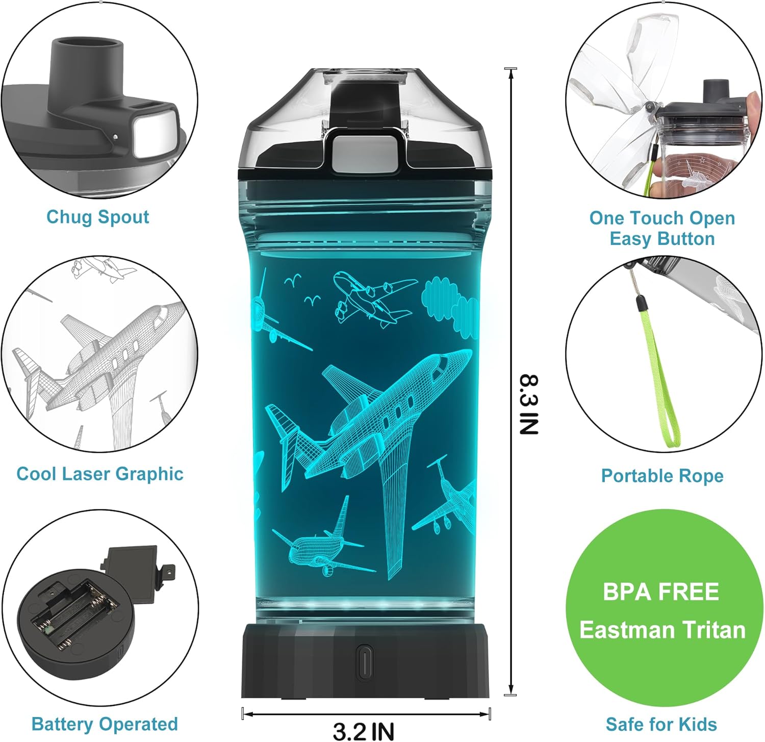 OkiyiD Kids Water Bottle, Airplane-themed Light-Up Sport Cup with 3D Glowing LED Airplane Light – 14 OZ Tritan BPA-Free - Gifts for School, Camping, and Holidays (Airplane)