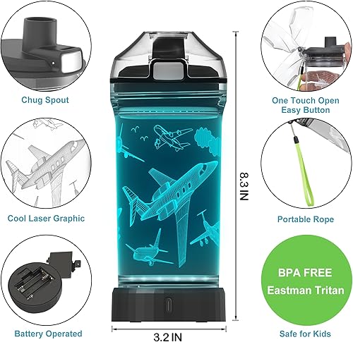 Miniatura 5 de Botella de agua para niños, taza deportiva iluminada con temática de avión con luz LED 3D brillante para avión, 14 onzas Tritan sin BPA, regalos