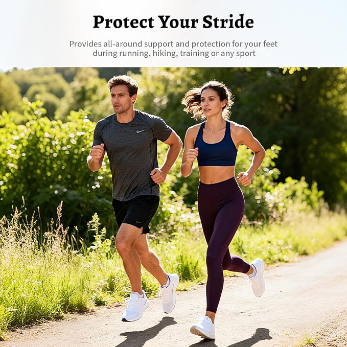Fit couple jogging on sunny forest trail: man in gray t-shirt and black shorts, woman in blue sports bra and maroon leggings, both wearing white running shoes. Overlaid text: 'Protect Your Stride – Provides all-around support and protection for your feet during running, hiking, training or any sport' illustrating benefits of PAPLUS ankle compression socks.