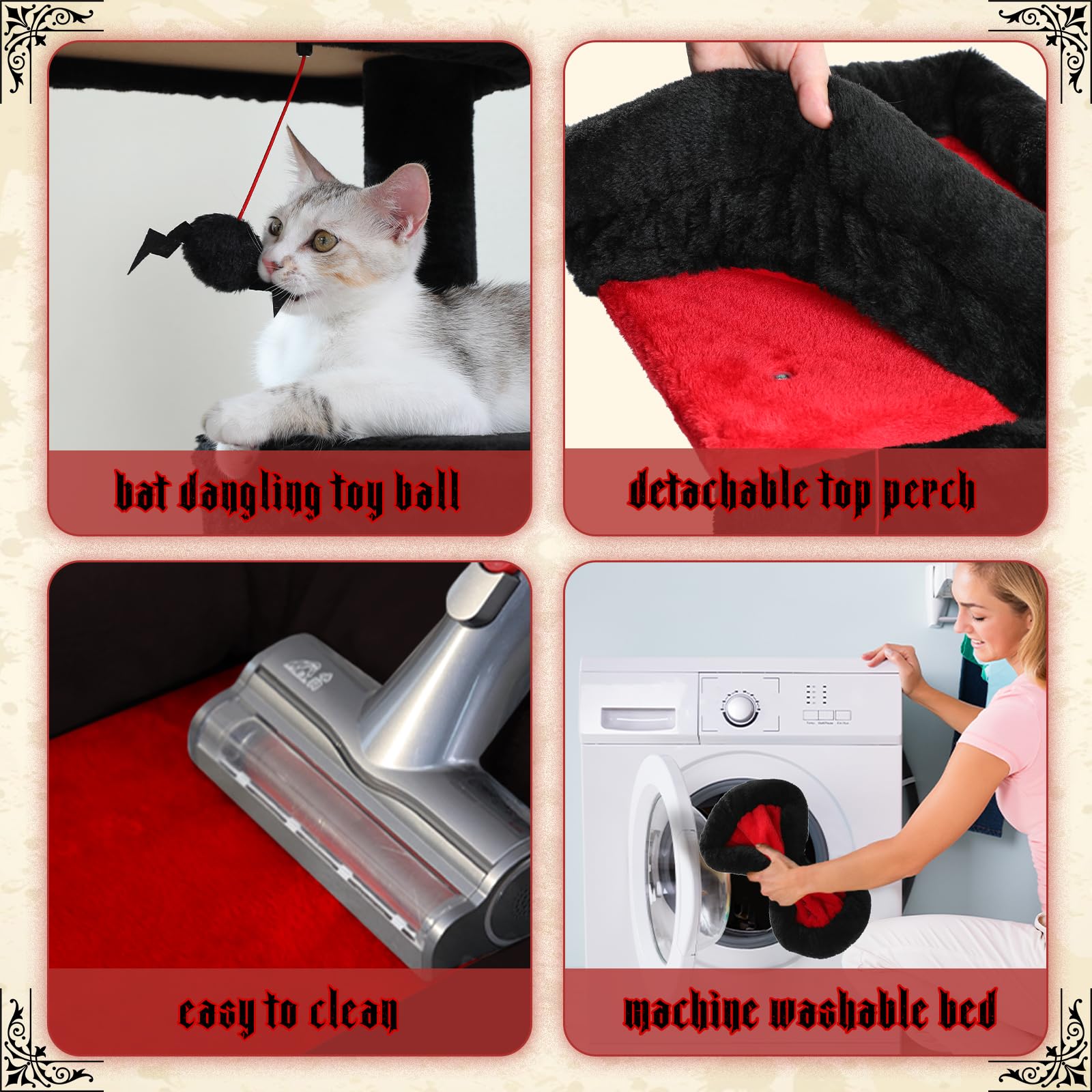 PAWZ Road Drapak 116 cm, stabilny, z grubą płytą podłogową, pluszowy hamak, 6 poziomów, sizalowy słupek do drapania, 2-drzwiowy domek dla kotów, czarny