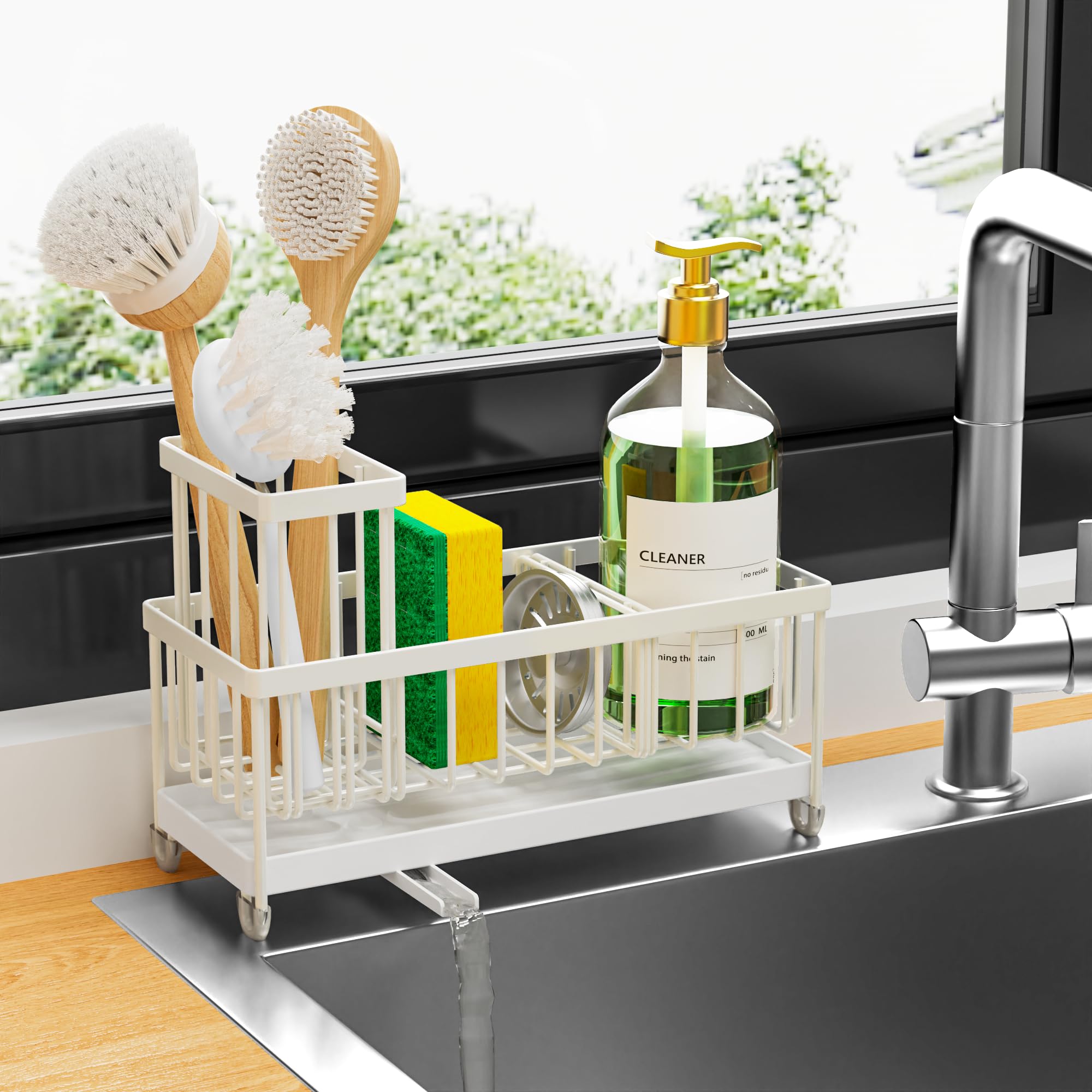 Cisily Sponge Holder for Kitchen Sink, Sink Caddy Organizer with High Brush Holder, Kitchen Countertop Organizers and Storage Essentials, Rustproof 304 Stainless Steel (Cream, 9.25″) Cream - 9.25″