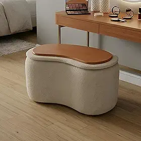 Puff Decorativo Orgânico com Baú e Tampo Reversível – Formato Feijão para Sala ou Quarto (Off White)