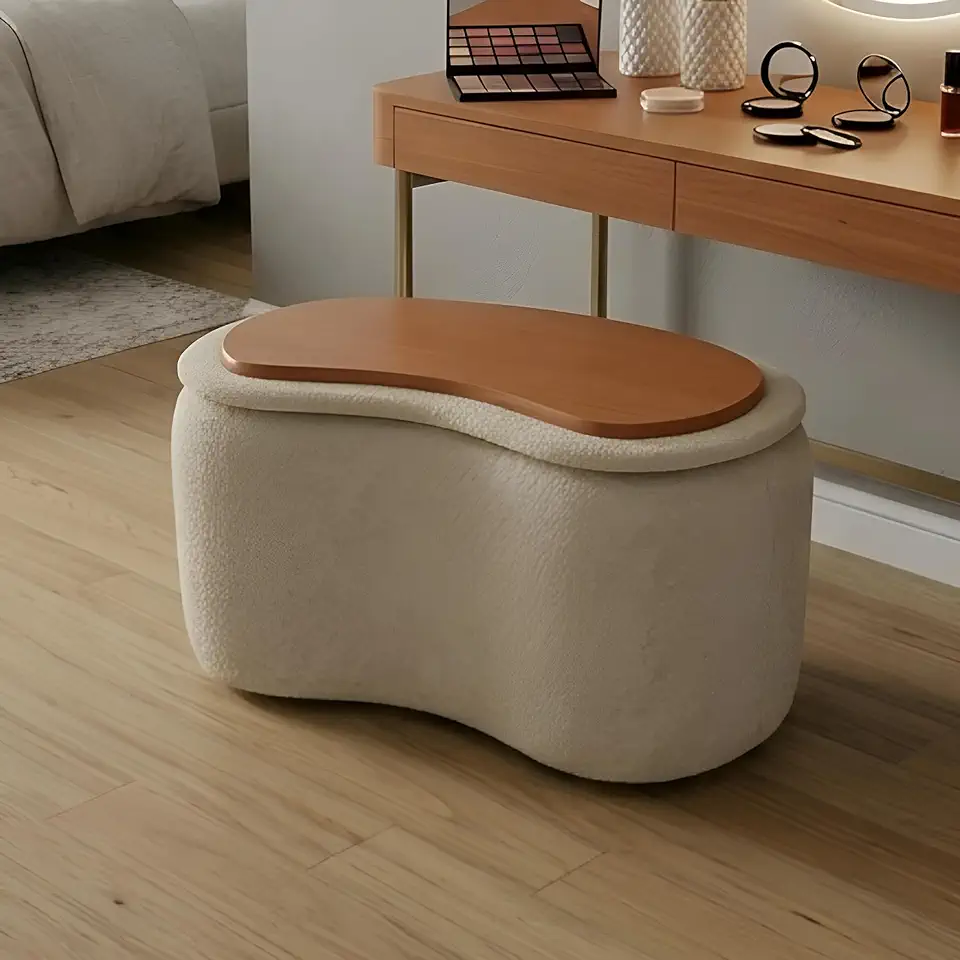 Puff Decorativo Orgânico com Baú e Tampo Reversível – Formato Feijão para Sala ou Quarto (Off White)