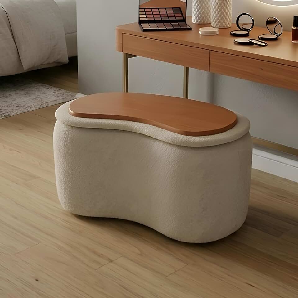 Puff Decorativo Orgânico com Baú e Tampo Reversível – Formato Feijão para Sala ou Quarto (Off White)