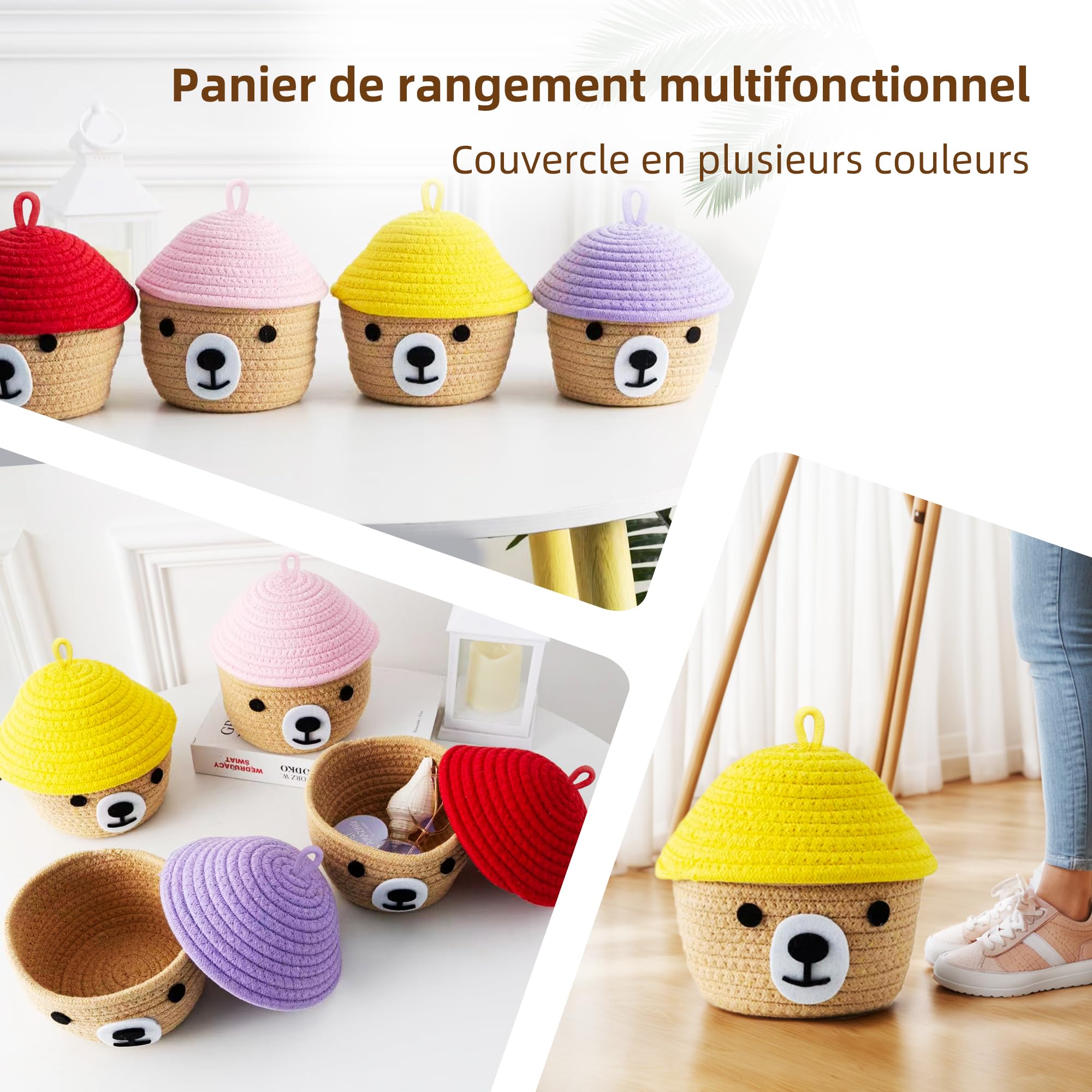 Panier Rangement Ours Coton Tissé Main Couvercle Rouge - 17x15x17 Cm - Déco Enfant Jouets
