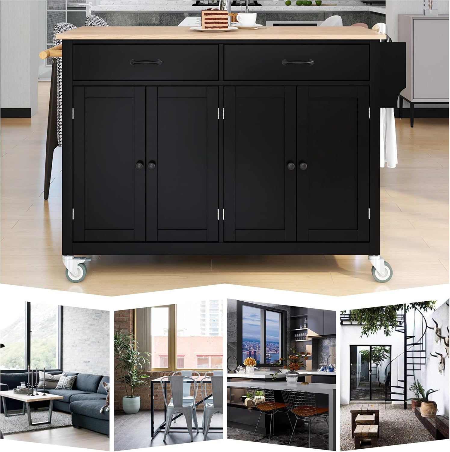 Kitchen Island Cart with Solid Wood Top & Locking Wheels, 54.3 Inch Width, 4 Door Cabinet, Two Drawers, Spice and Rack Towel