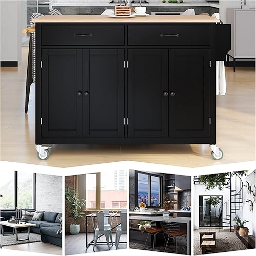 Miniatura 5 de CITYLIGHT Carrito de isla de cocina con parte superior de madera maciza y ruedas de bloqueo, carrito de cocina con armario de 4 puertas, 2 cajones