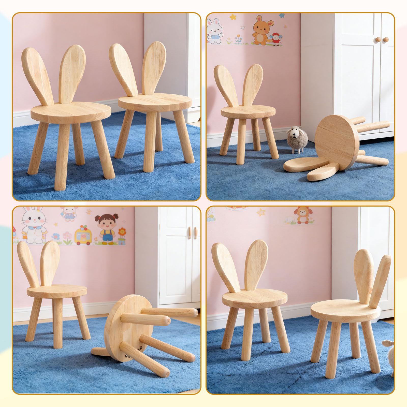 Chaise pour enfant en bois massif - Diamètre : 26 x 45 cm - Tabouret sur pied - Chaise pour enfant à partir de 3 ans - En bois massif - Avec dossier en forme d'oreilles de lapin et pieds en caoutchouc