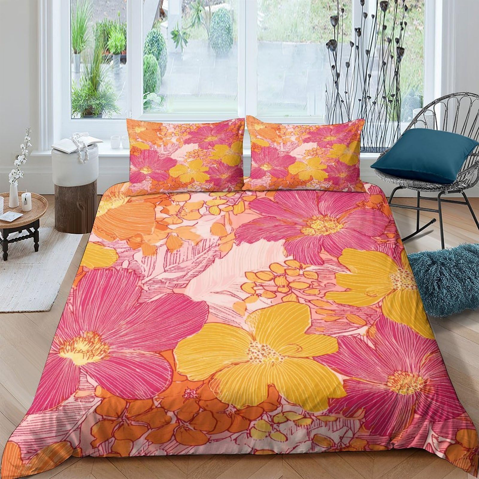 Ctjqhvkz Style-3 3D Printed Tropical Floral Fitted Sheet Microfiber Orange Pink Yellow Blossom Bed Cover For Bedroom Guestroom Dorm Mattress Decor Single（135X200cm）