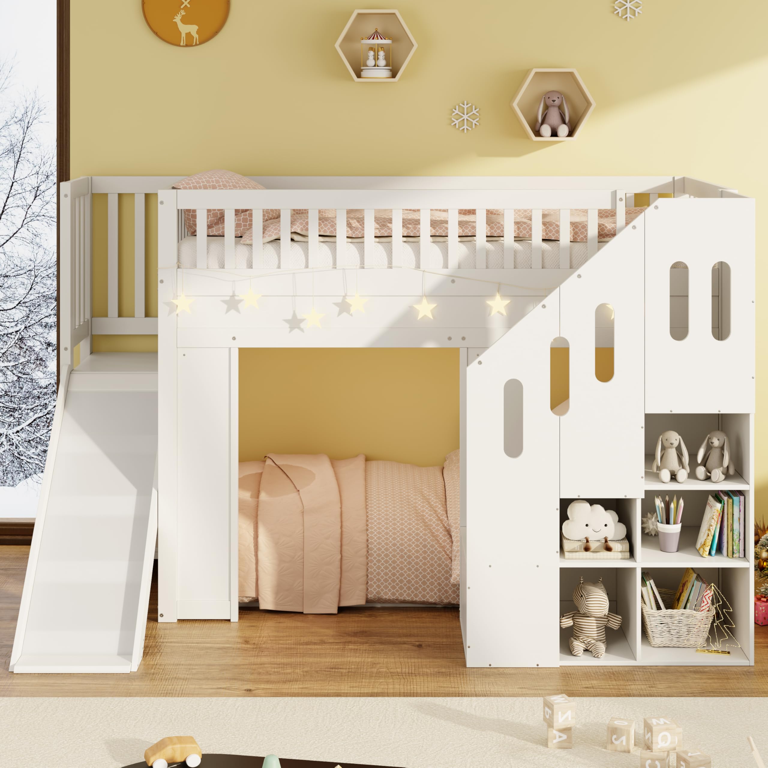 Letto a castello, letto a soppalco, 90 x 200 cm, con scivolo, protezione da cadute e scala di stoccaggio, letto per ragazzi, con striscia luminosa a LED, in legno massiccio, bianco