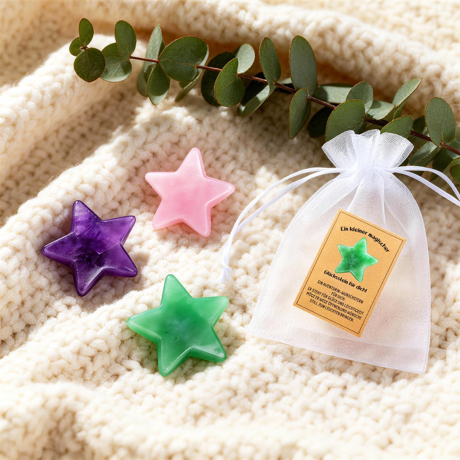 TUZELIYA Wunschstern Glückssteine Set, Wunscherfüller Geschenk mit liebevoller Botschaftskarte im Organzasäckchen, Glücksbringer und Mutmacher Geschenk für Liebhaber, Mama, Freundin, Kollegin - 3