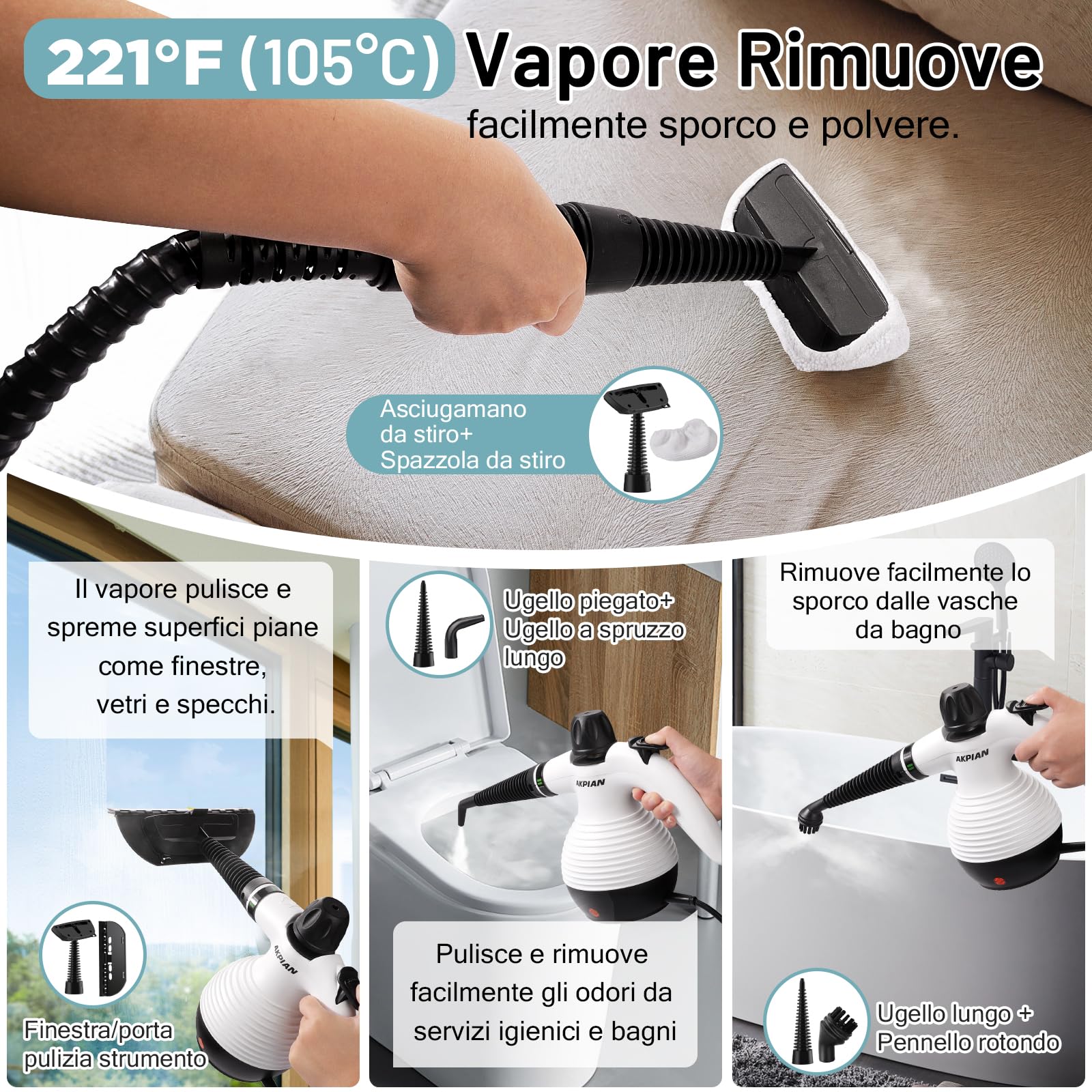 Pulitore a Vapore Manuale 1050W – Multifunzione con Set da 10 Accessori – Pulizia Senza Chimica per Fughe delle Piastrelle, Fornelli, Finestre, Vasca da Bagno, Box Doccia, Stracci e raccogli polvere