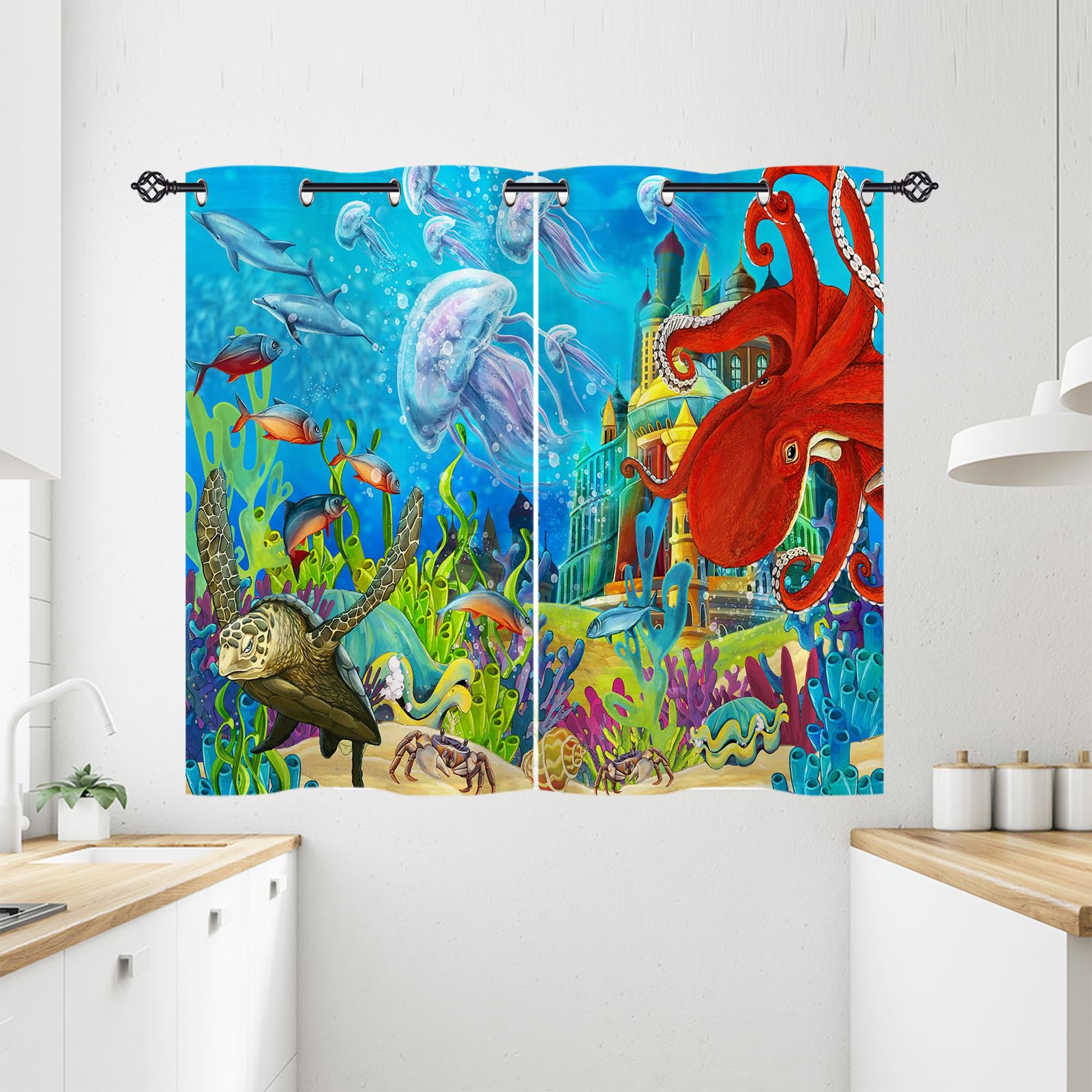 ANHOPE Ocean Underwater Thermal Blackout Curtains 2 Panels W 28" x L 54" — image 1