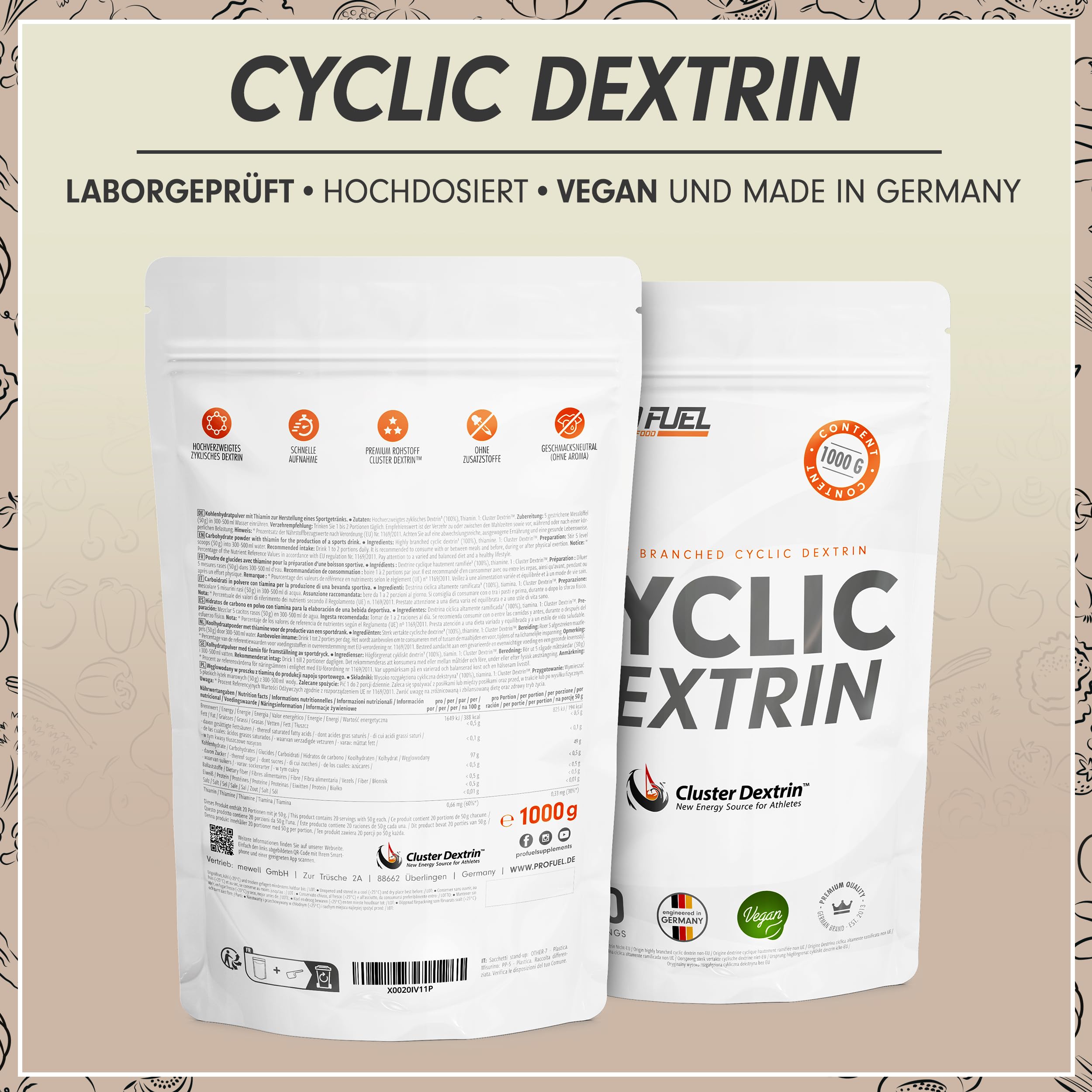 Cluster Dextrin® 1kg - hochverzweigtes zyklisches Dextrin (Highly Branched Cyclic Dextrin) - Cluster Dextrin® Premium Kohlenhydrate-Pulver als Alternative zu Maltodextrin - laborgeprüft - 20 Portionen