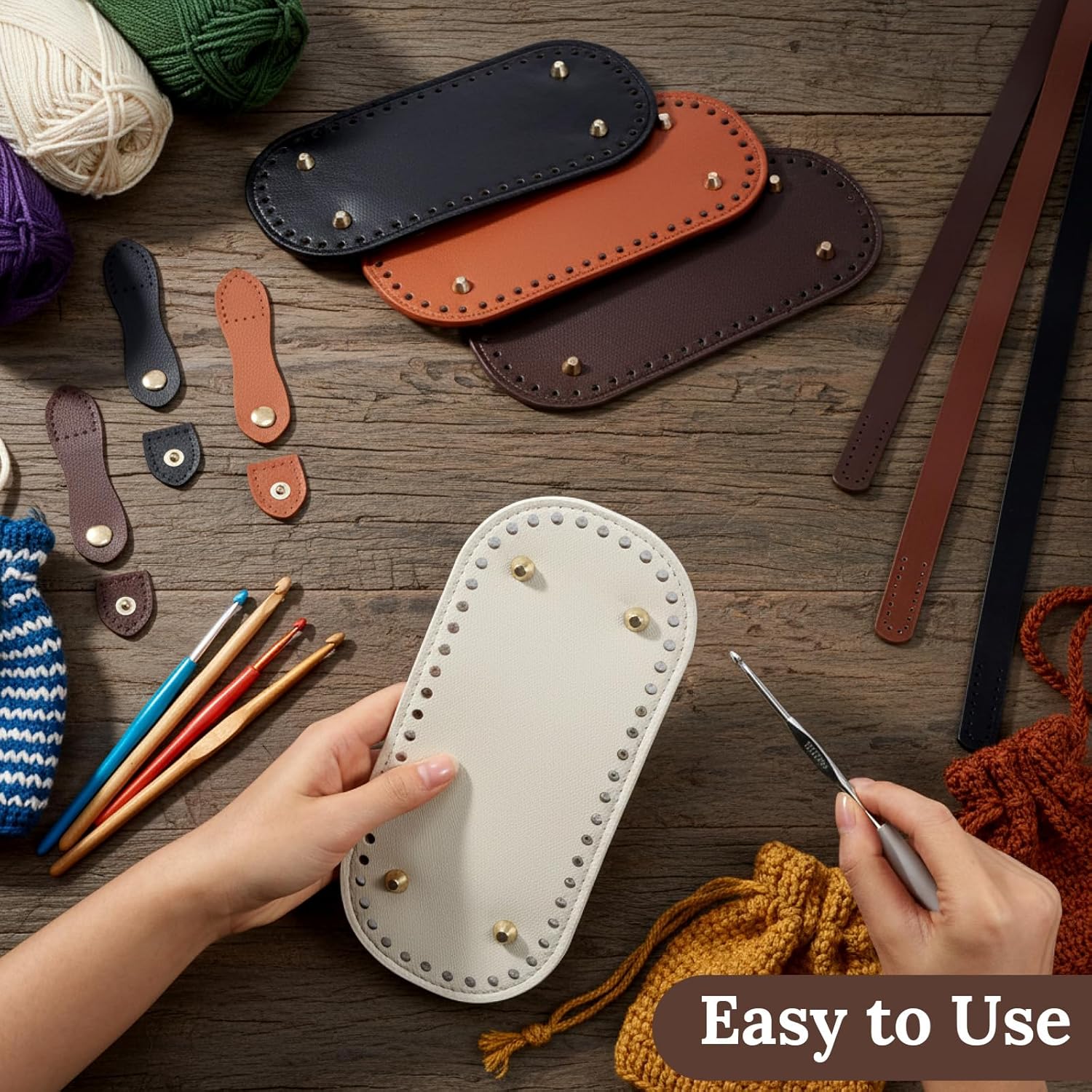 Sunnymove 24 Pcs Bag Bases for Crochet Purse Kit Include 6 Bag Bases 12 Leather Purse Straps 6 Snap Buckles for DIY Shoulder Packet Making Craft, 6 Colors - Image 3