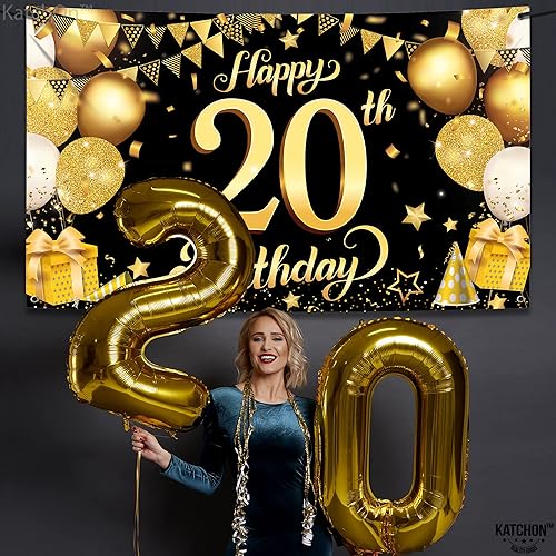 Miniatura 7 de KatchOn, Cartel de feliz cumpleaños número 20 negro y dorado – Grande, 72 x 44 pulgadas | Cartel de 20 cumpleaños | Saludos a los 20 años |