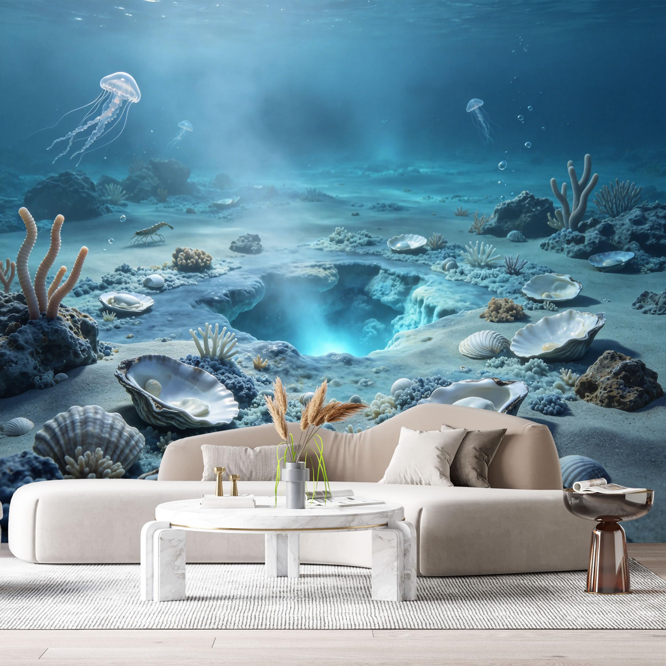 Custom Size Wall Murals Ocean Marine Jellyfish Seashells 3D Trompe L'Oeil SelfAdhesiveWall Fabric Removable Wallpaper Wall Decor for Living Room Bedroom Bathroom